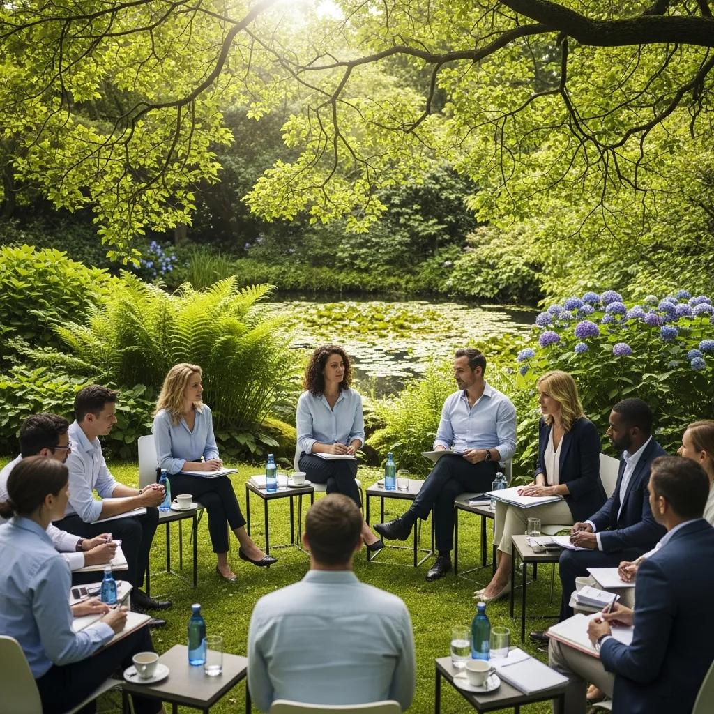 Executives participating in a strategic discussion during a customized leadership retreat in a serene outdoor setting