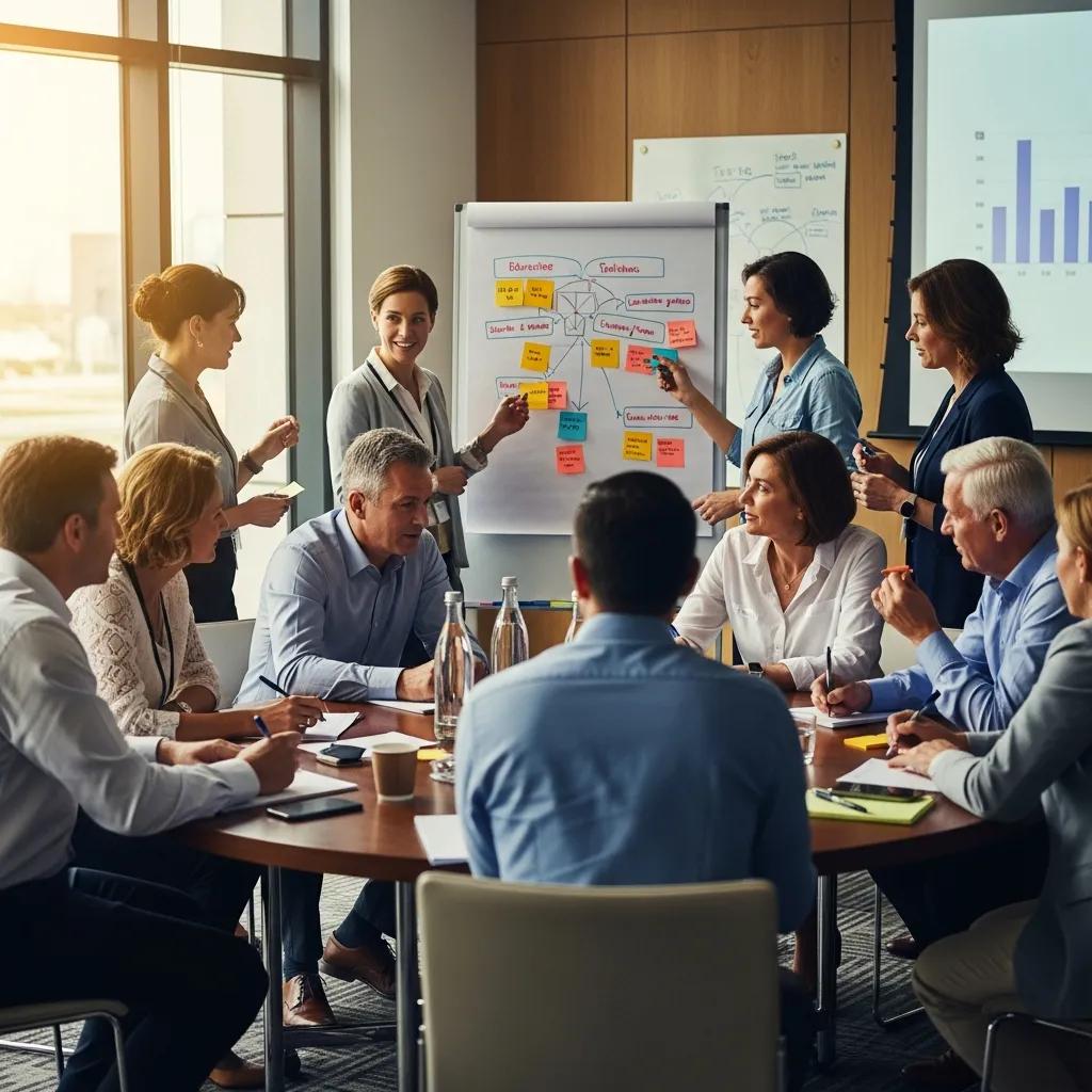 Facilitator leading a leadership workshop with senior executives engaged in collaborative activities