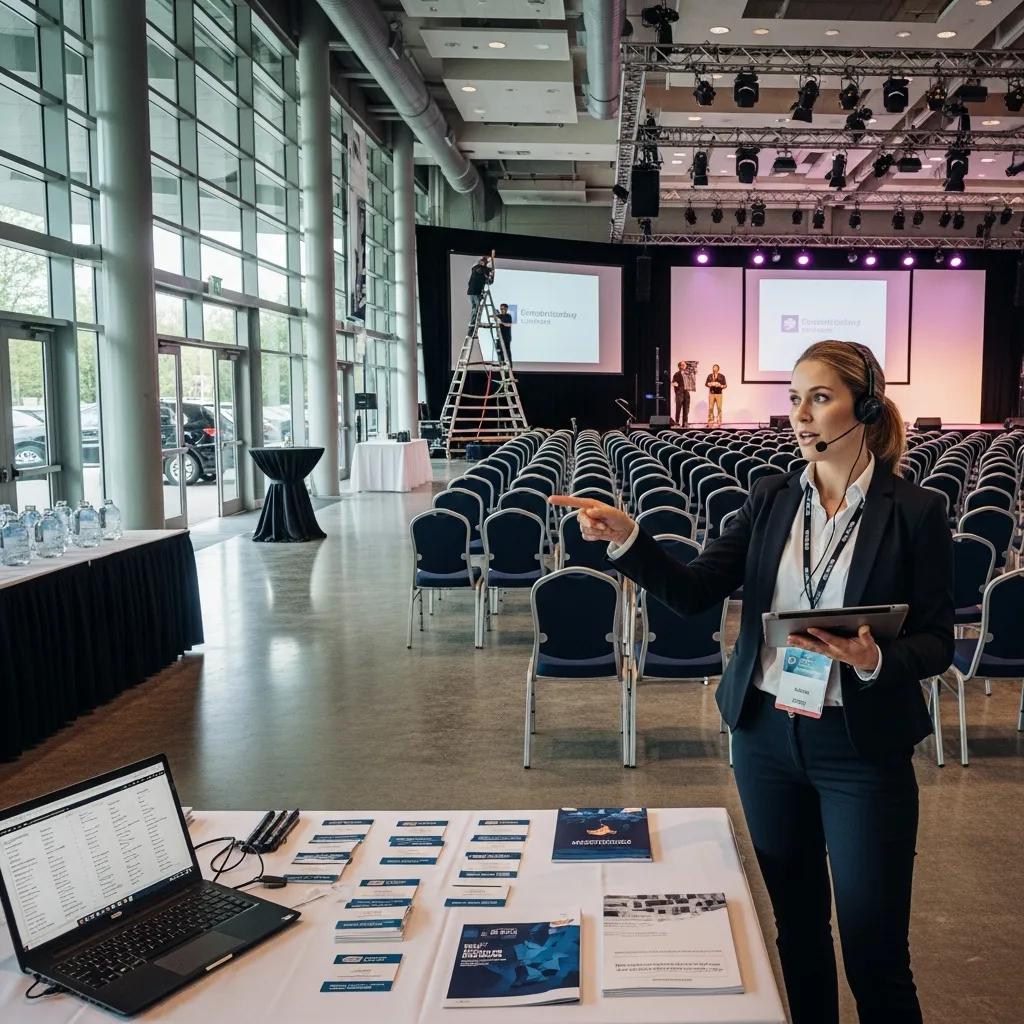 Event logistics management with a professional coordinating various aspects of a corporate event