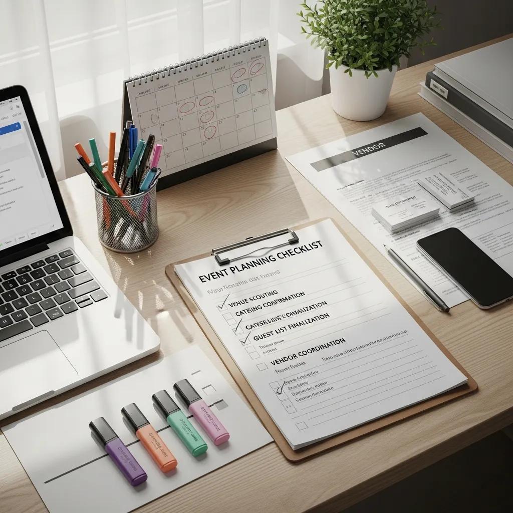 Event planning checklist on a clipboard with planning materials in a professional workspace