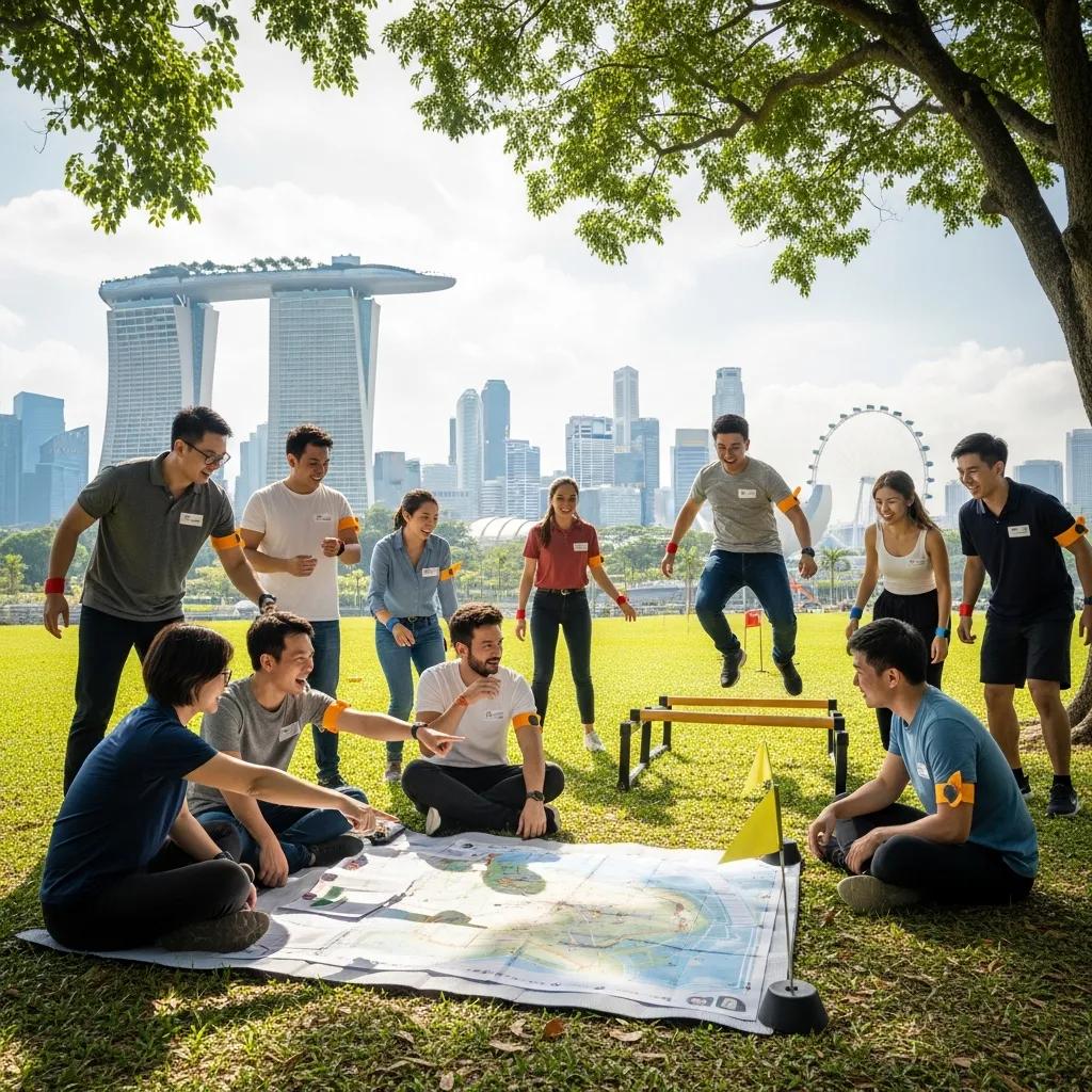 Professionals engaged in a team-building activity outdoors in Singapore