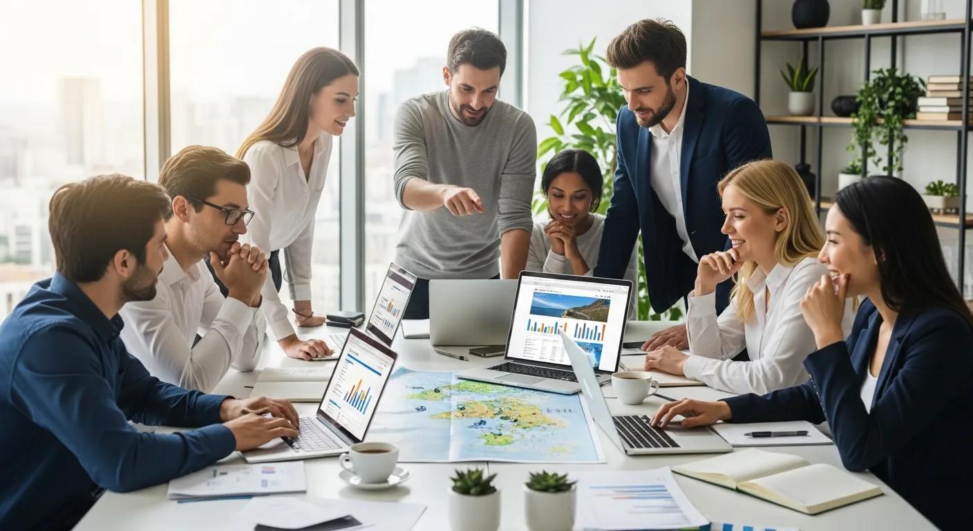 Corporate team planning their overseas team-building retreat in a modern office setting