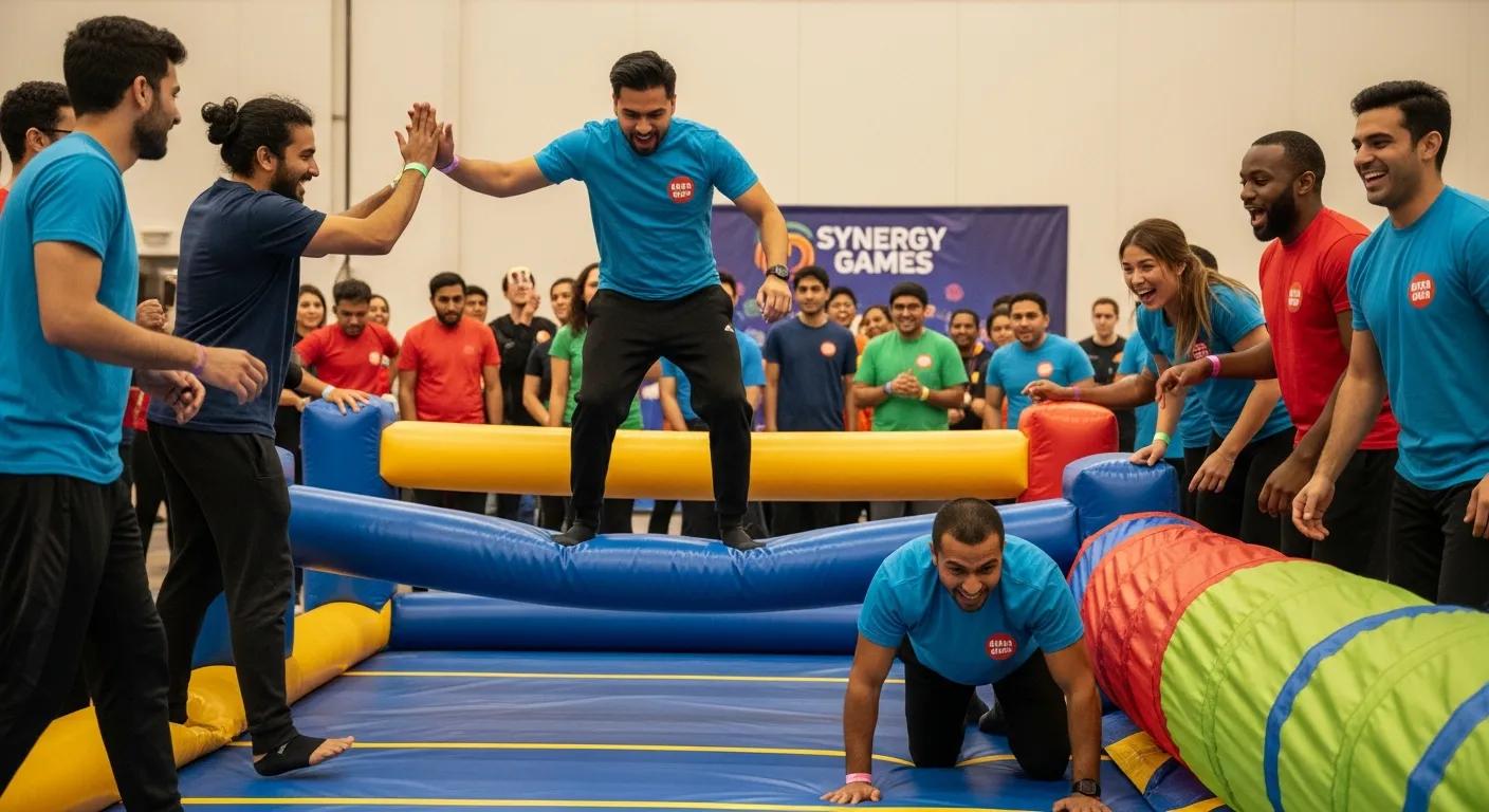 Team members actively participating in an interactive game during an indoor team building event