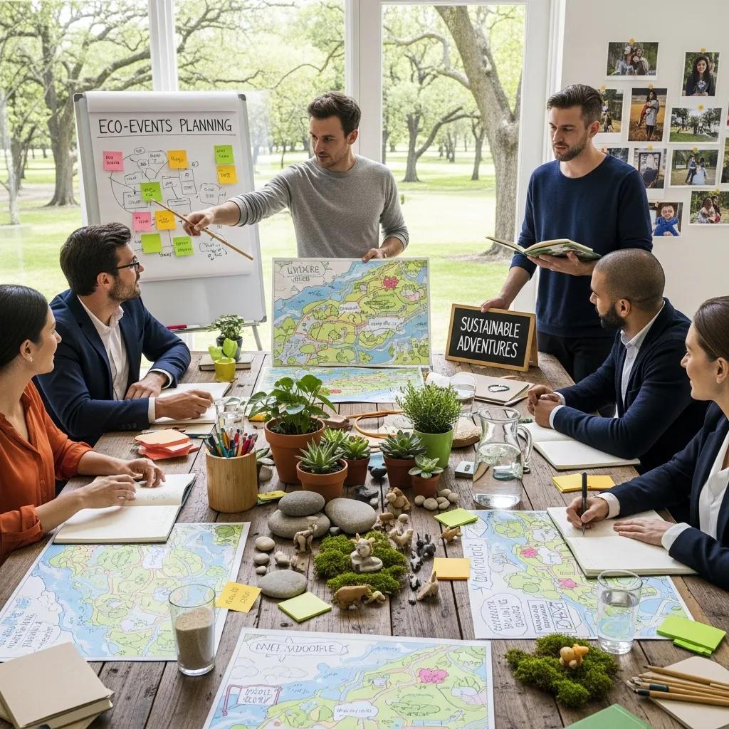 Corporate team planning customized eco-friendly outdoor activities, focusing on collaboration and sustainability
