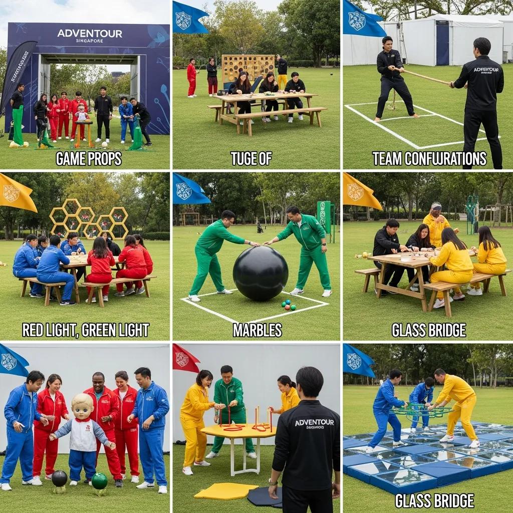 Customizable Squid Game team building event setup, showcasing diverse activities and team engagement