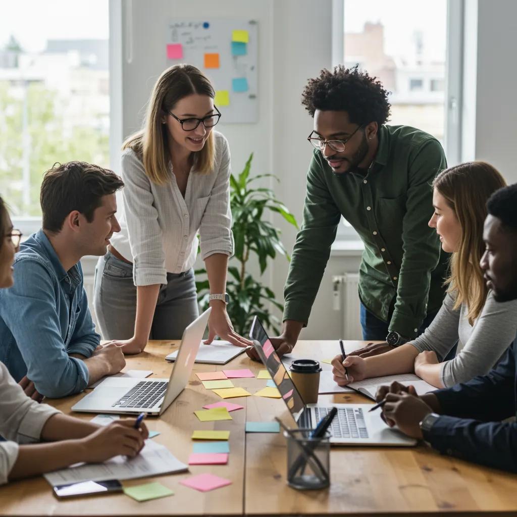 Diverse professionals collaborating in a modern office, showcasing effective team communication