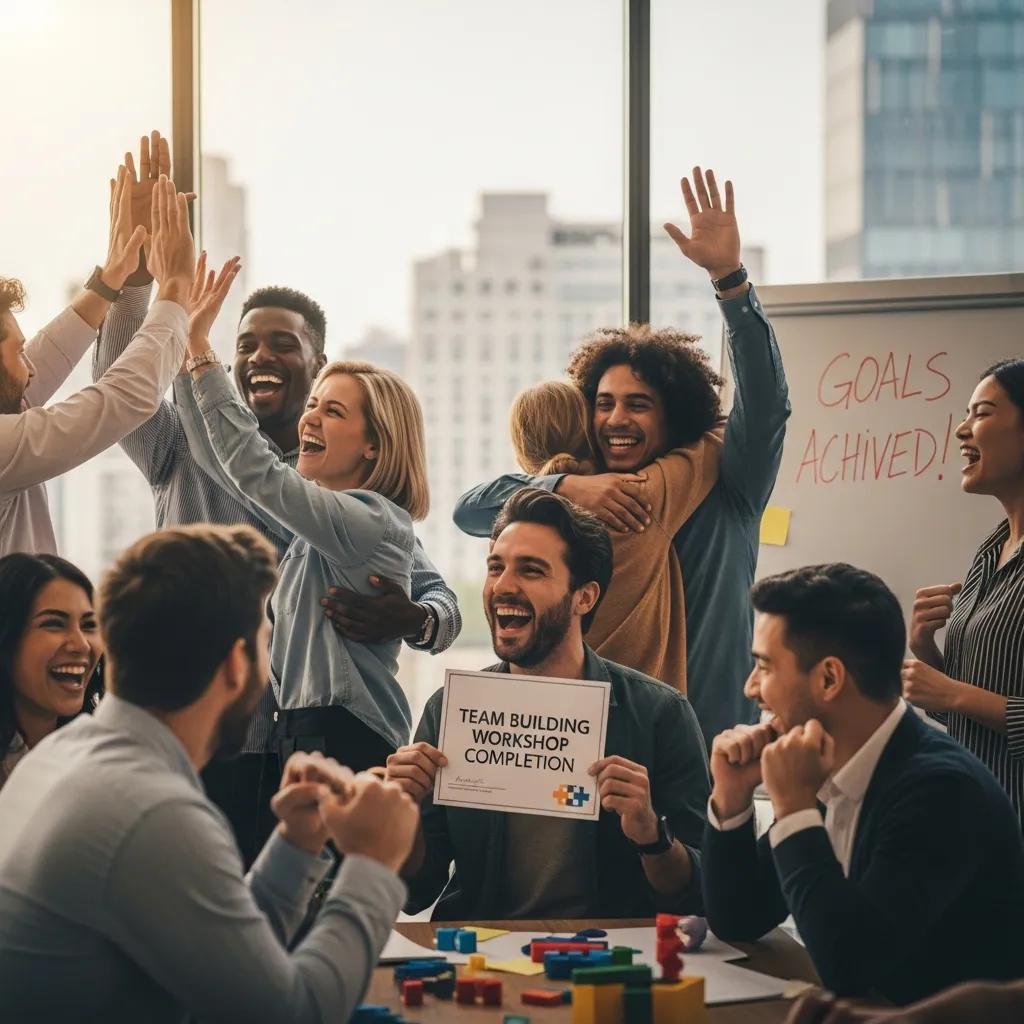Employees celebrating success after a team building workshop, highlighting improved morale and teamwork