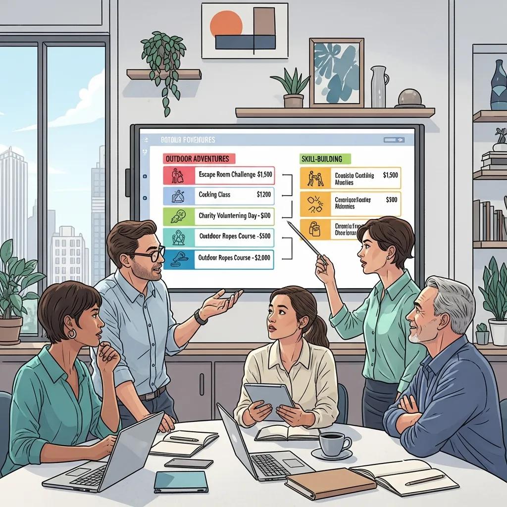 Employees discussing corporate team building budget in a modern office setting, highlighting planning and collaboration
