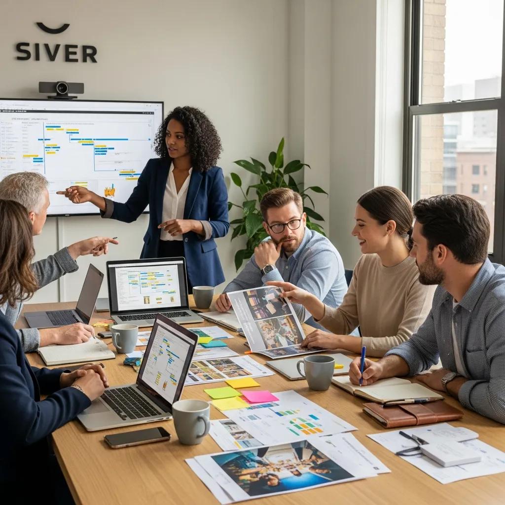 Event planners collaborating on strategies for corporate team-building events in a modern office setting