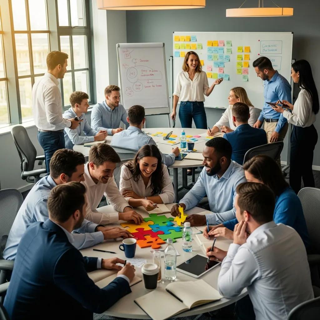 Facilitator leading a customizable team building workshop with engaged corporate employees