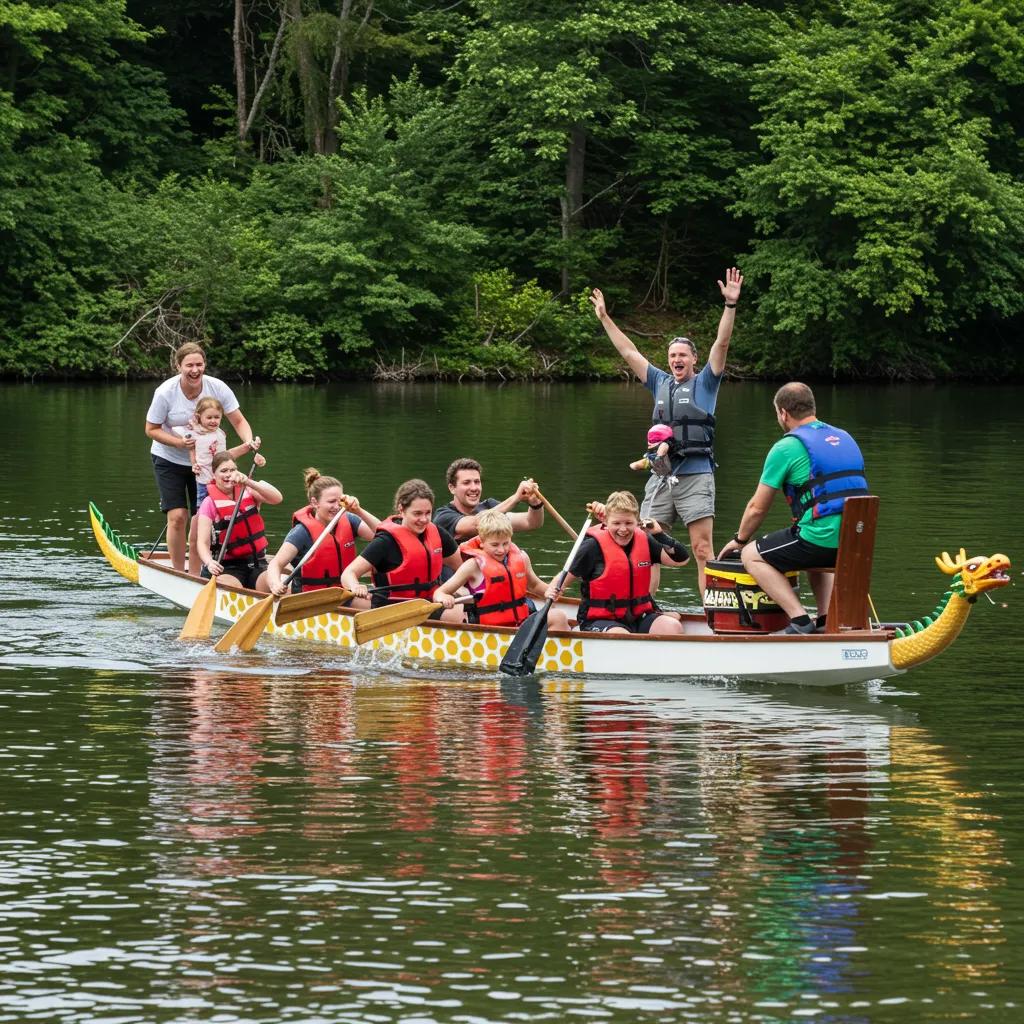 Families enjoying a dragon boat challenge, highlighting teamwork and bonding