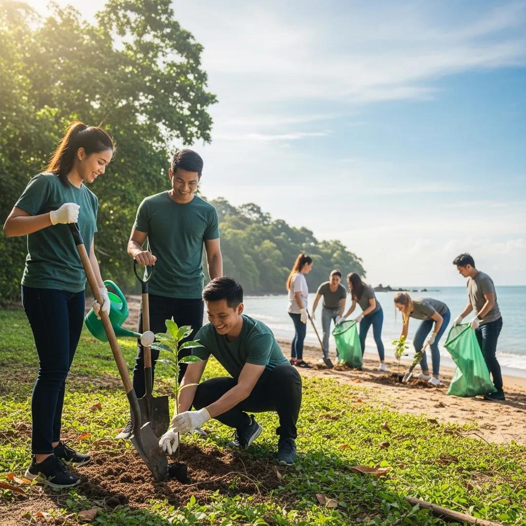 Group of people participating in eco-friendly outdoor activities, emphasizing teamwork and sustainability