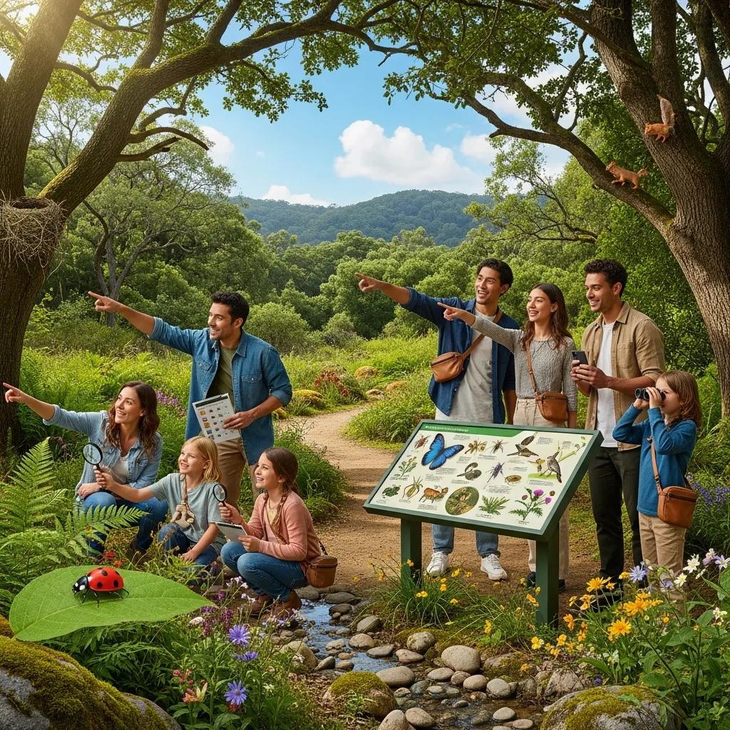 Team engaged in a nature scavenger hunt, highlighting biodiversity education and outdoor adventure