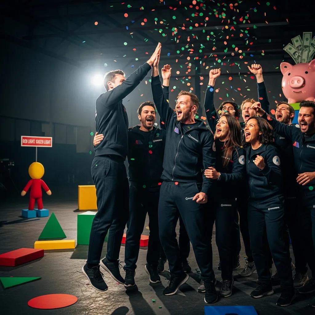 Team members celebrating success in a Squid Game themed corporate event, highlighting improved dynamics