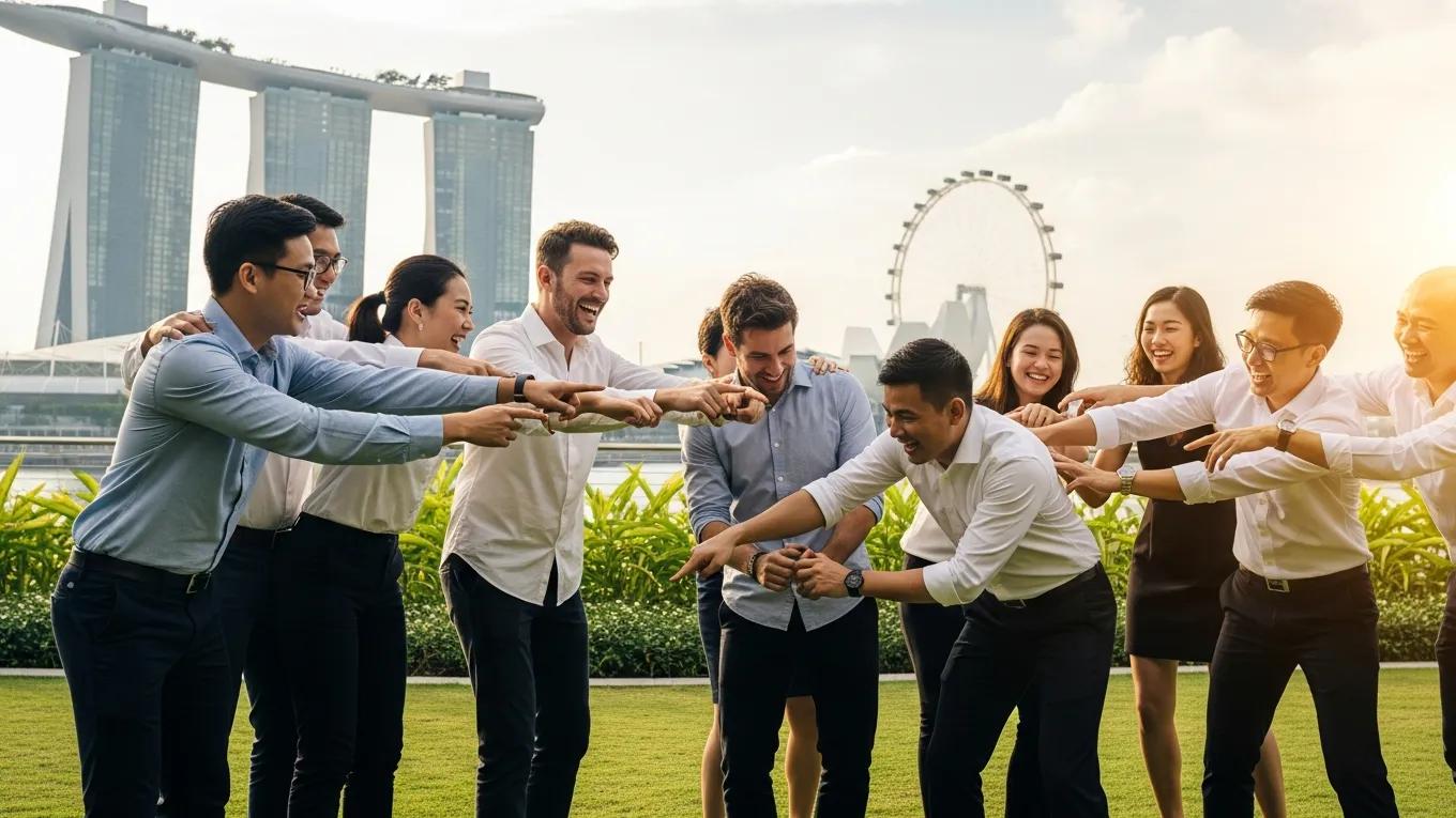 Diverse professionals engaging in team building activities in Singapore, showcasing collaboration and teamwork