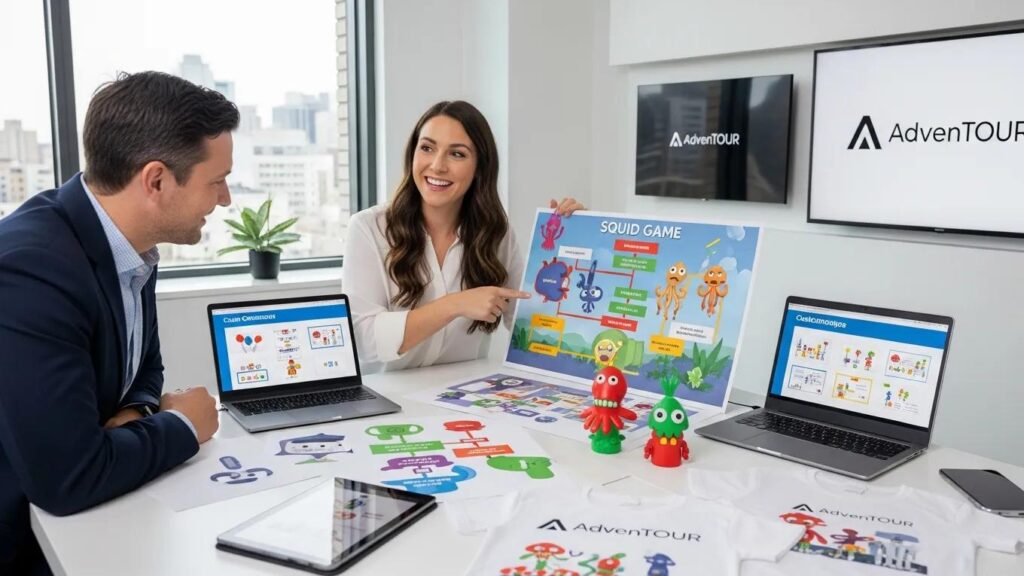 Corporate event planner discussing customization options for a Squid Game team building event with a client