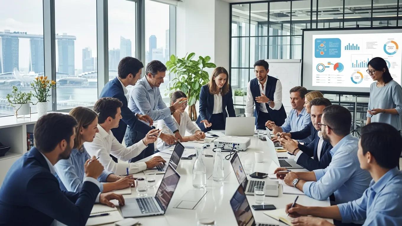 Corporate event planning in Singapore with professionals collaborating in a modern office