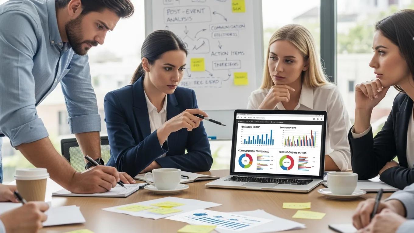 Corporate team analyzing effectiveness of team building activities through feedback and metrics