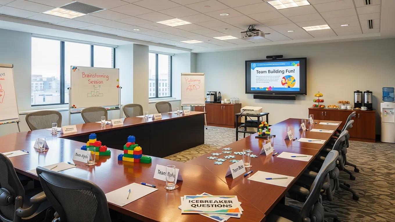 Well-equipped conference room for team building events, highlighting a collaborative atmosphere