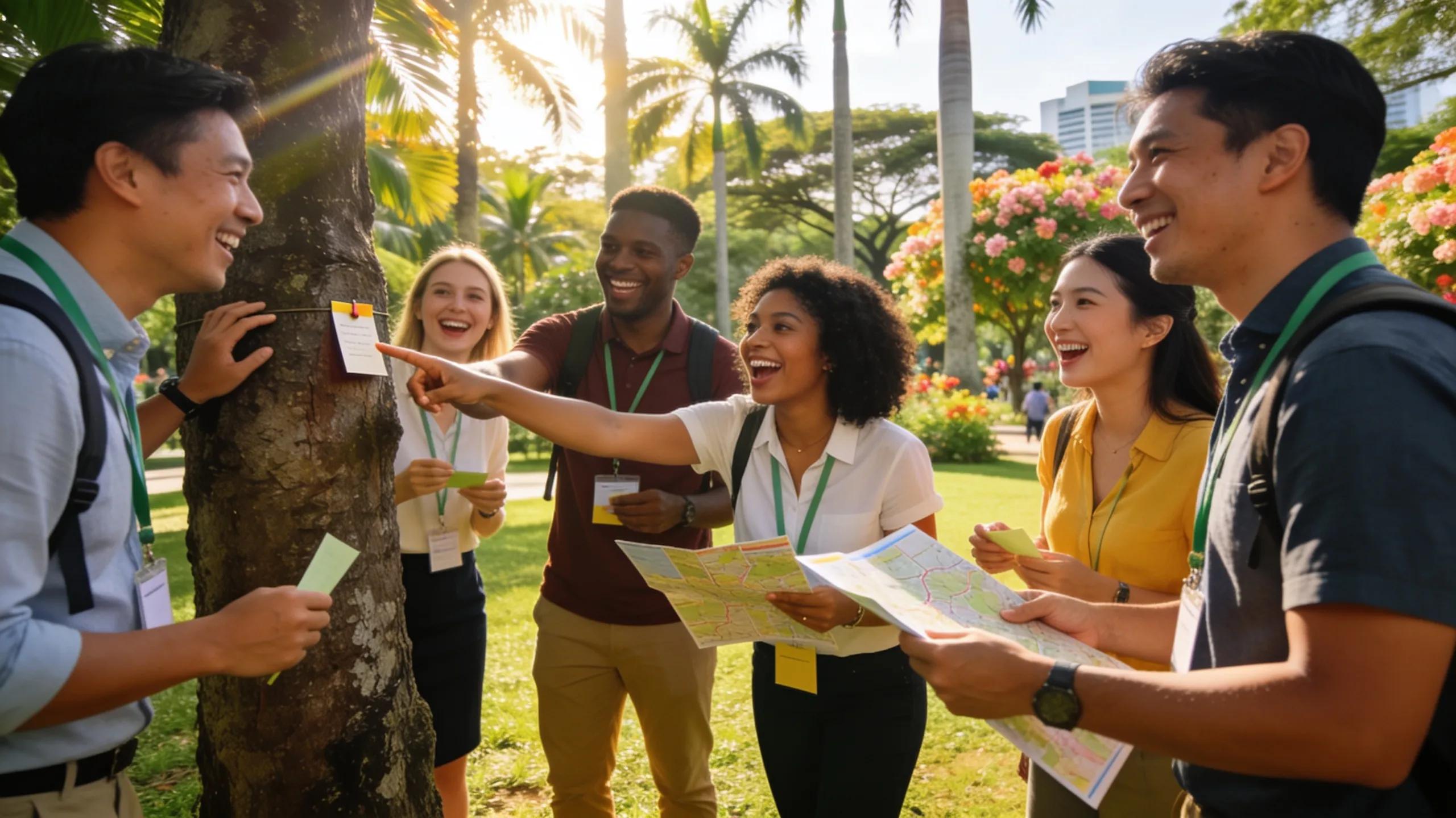 Employees enjoying an outdoor scavenger hunt during a corporate team-building activity