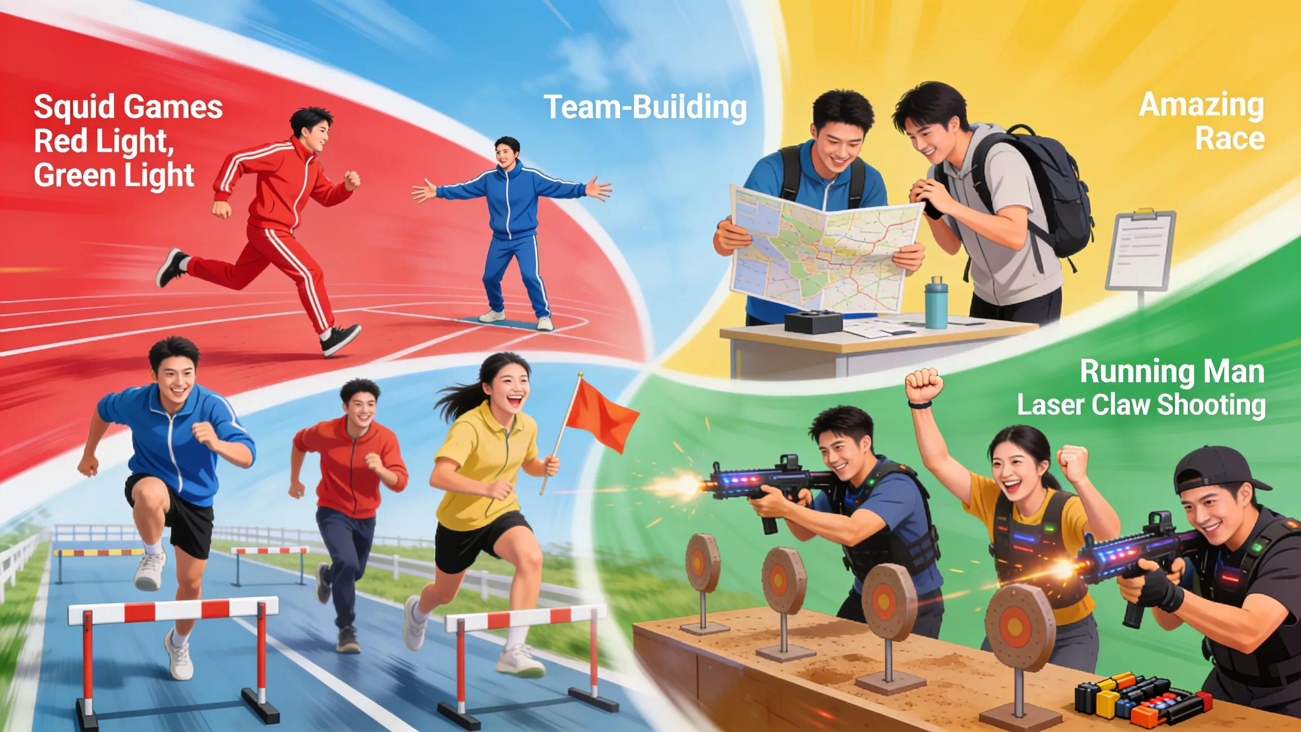 Unique team-building activities including Squid Games and Amazing Race depicted with participants engaged in teamwork