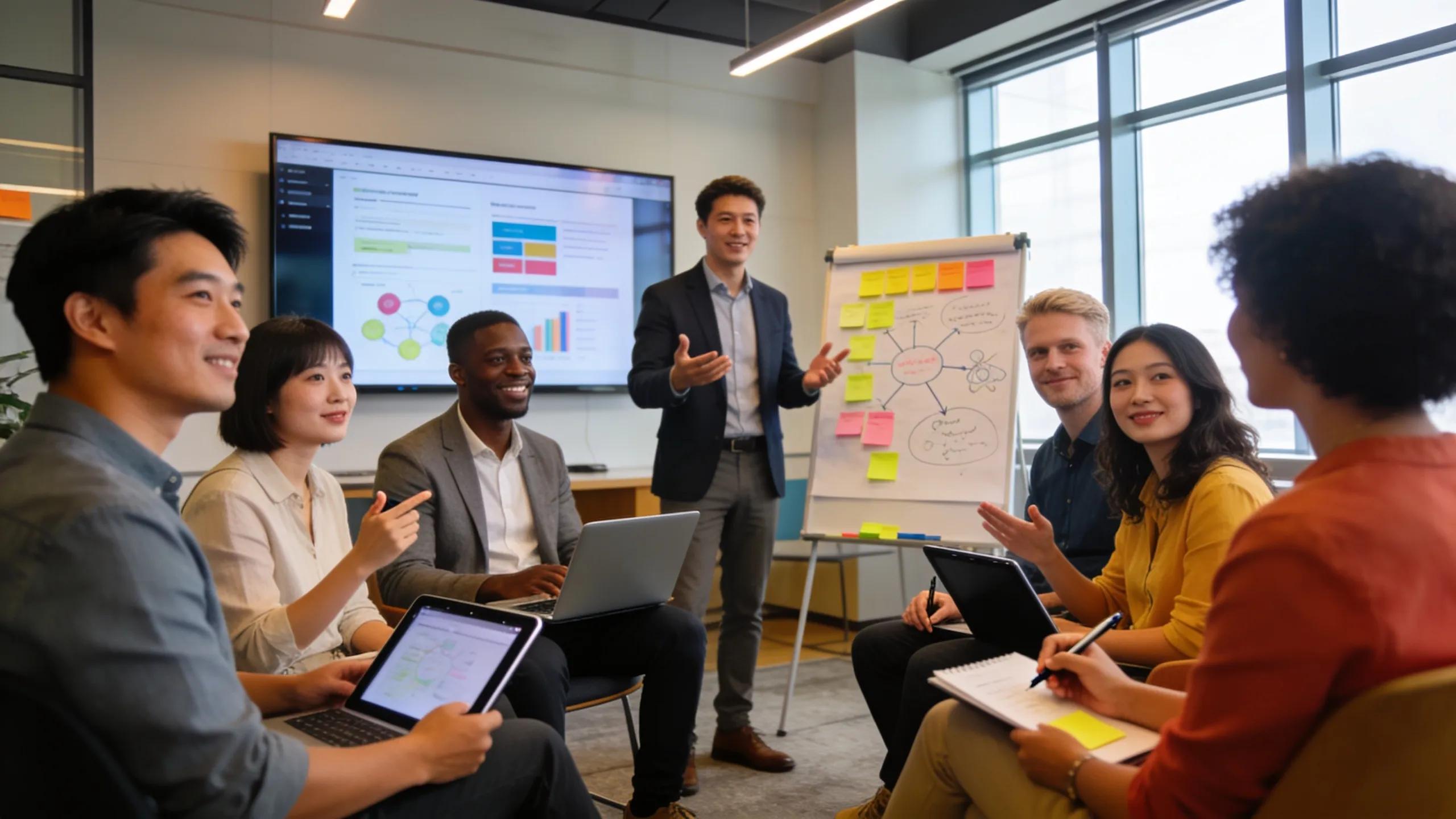 Corporate team engaged in a pitching session during AdvenTOUR's Shark Tank Experience in Singapore, showcasing collaboration and innovation.