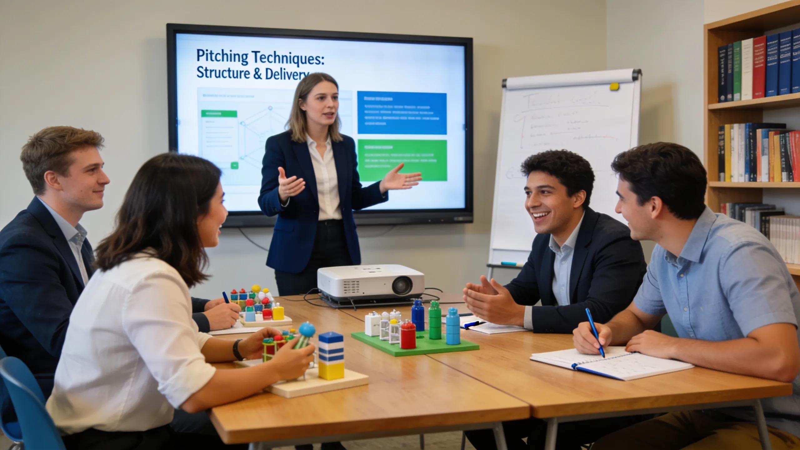 Workshop facilitator demonstrating practical pitching techniques to engaged participants during a Shark Tank Experience session.