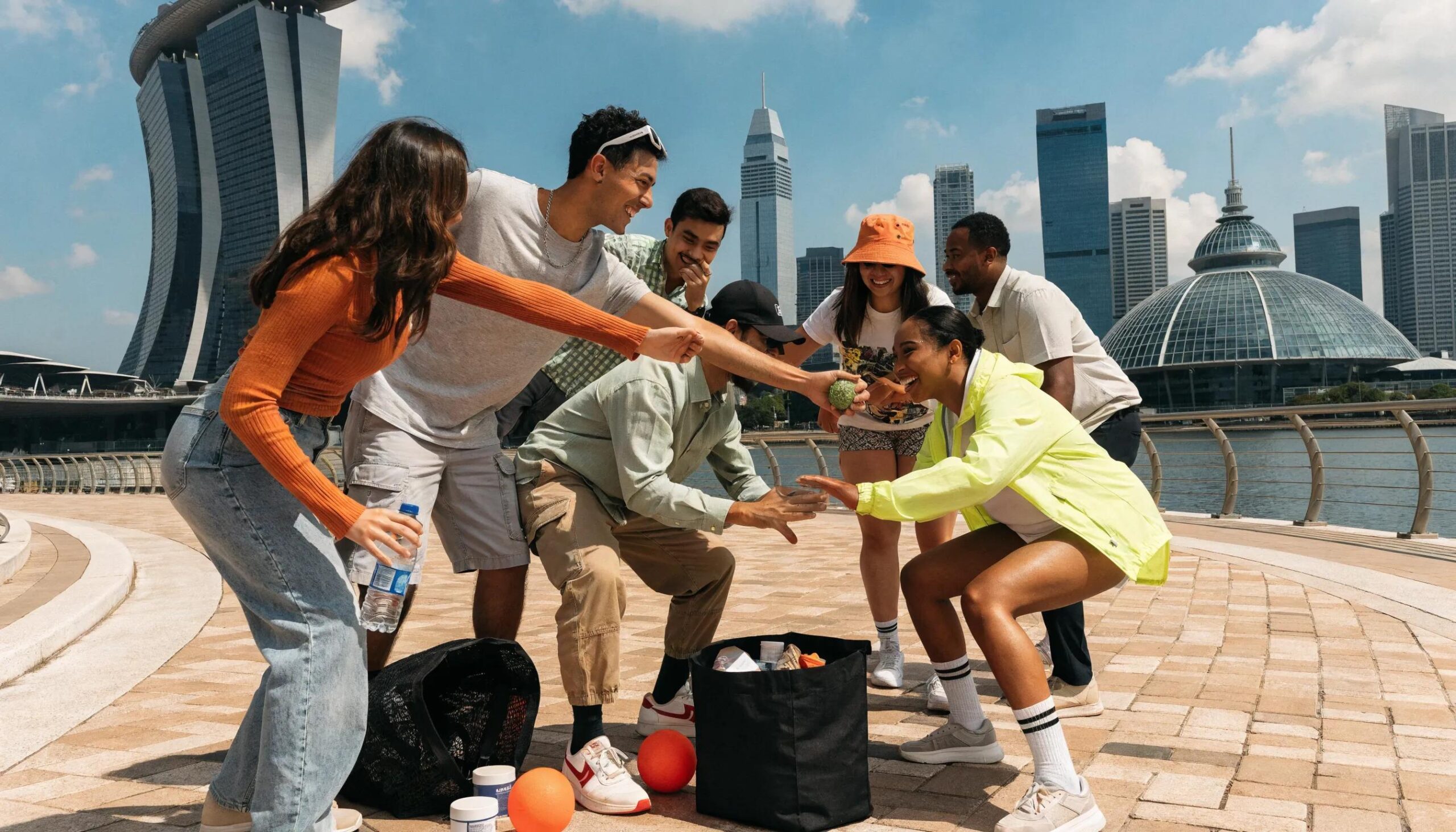 Professionals engaged in a team-building event in Singapore with iconic skyline in the background
