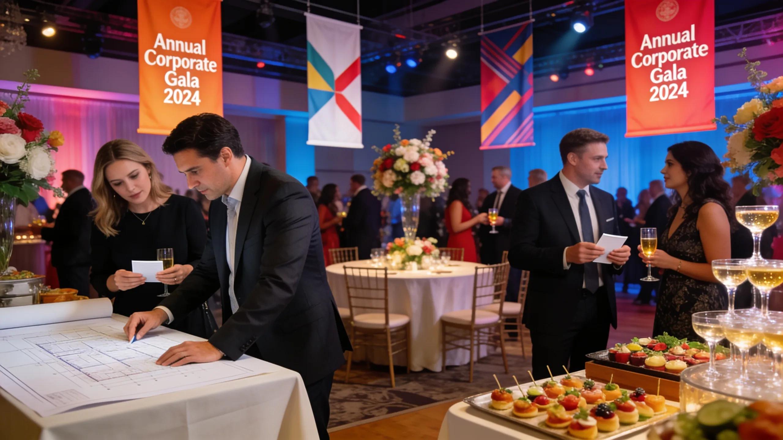 Vibrant corporate event management scene, highlighting professionalism and engagement