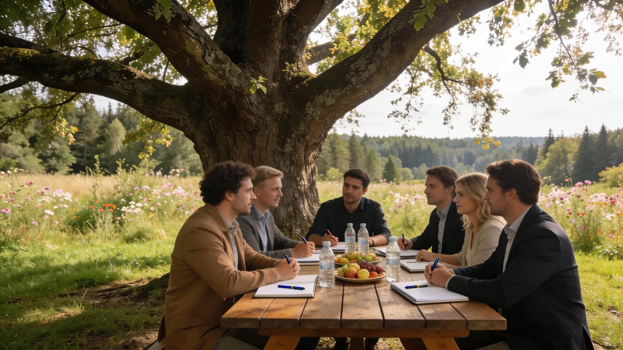 Employees in a serene environment engaged in a strategy session during a corporate retreat