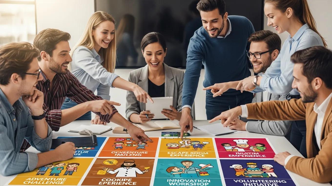 Corporate team reviewing customizable team-building program options for their event