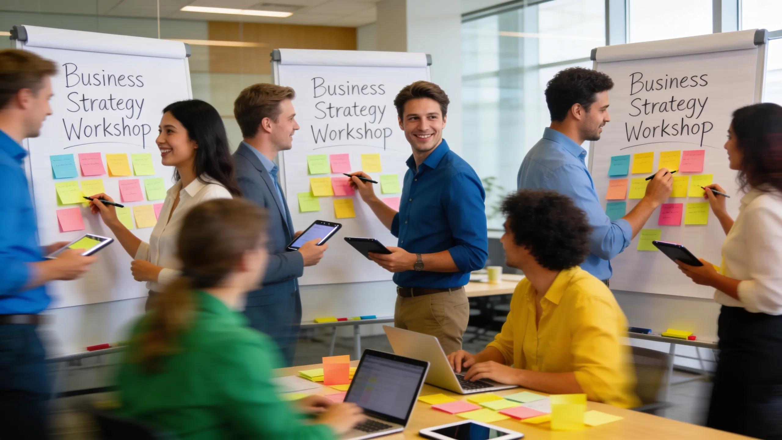 Corporate teams discussing and strategizing business challenges in a lively workshop environment