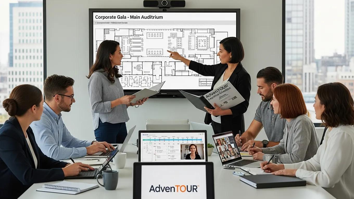 Event planners from AdvenTOUR discussing logistics for a corporate event, showcasing seamless planning