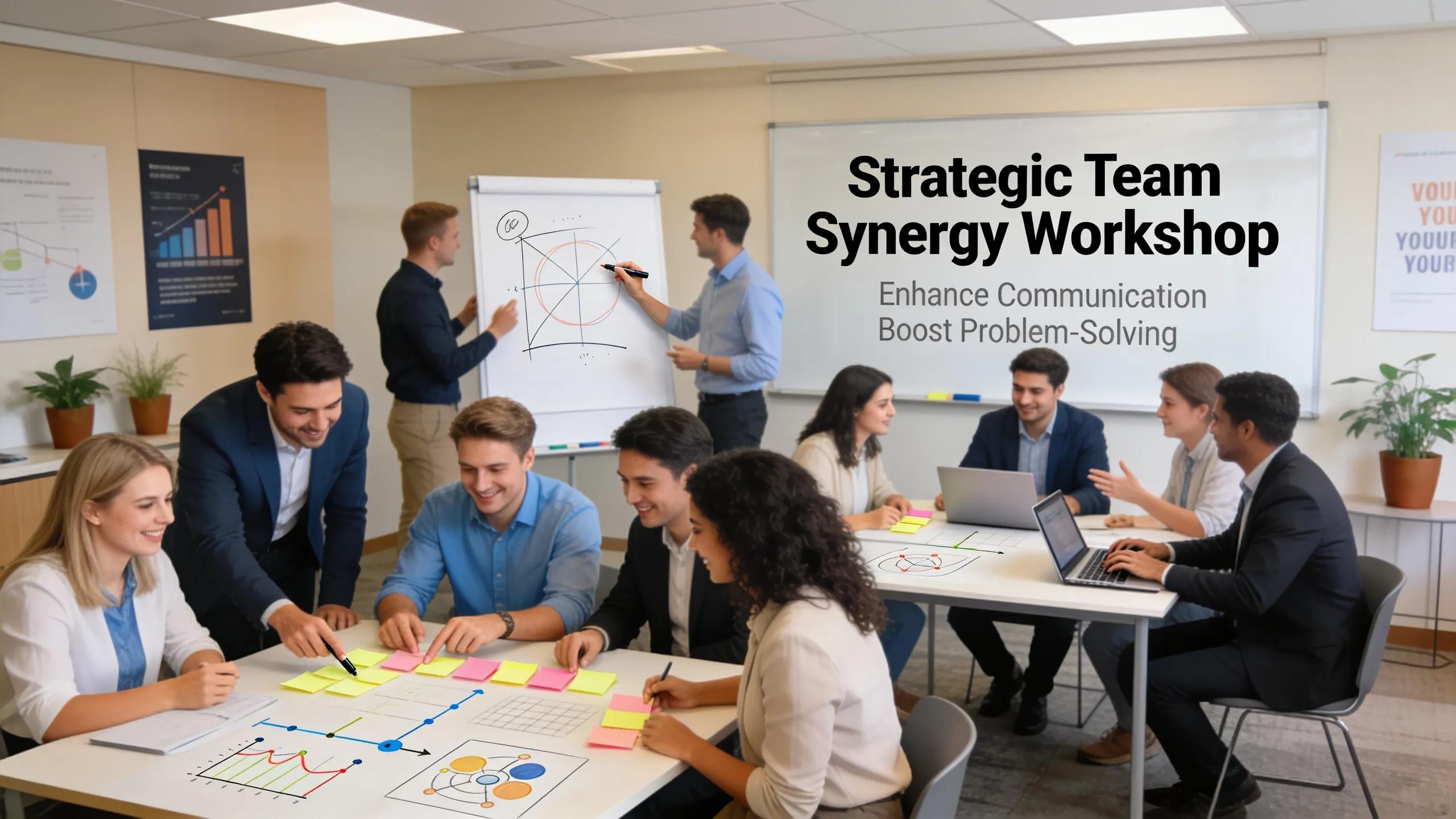 Customized team-building workshop showing employees collaborating on strategic objectives to enhance teamwork
