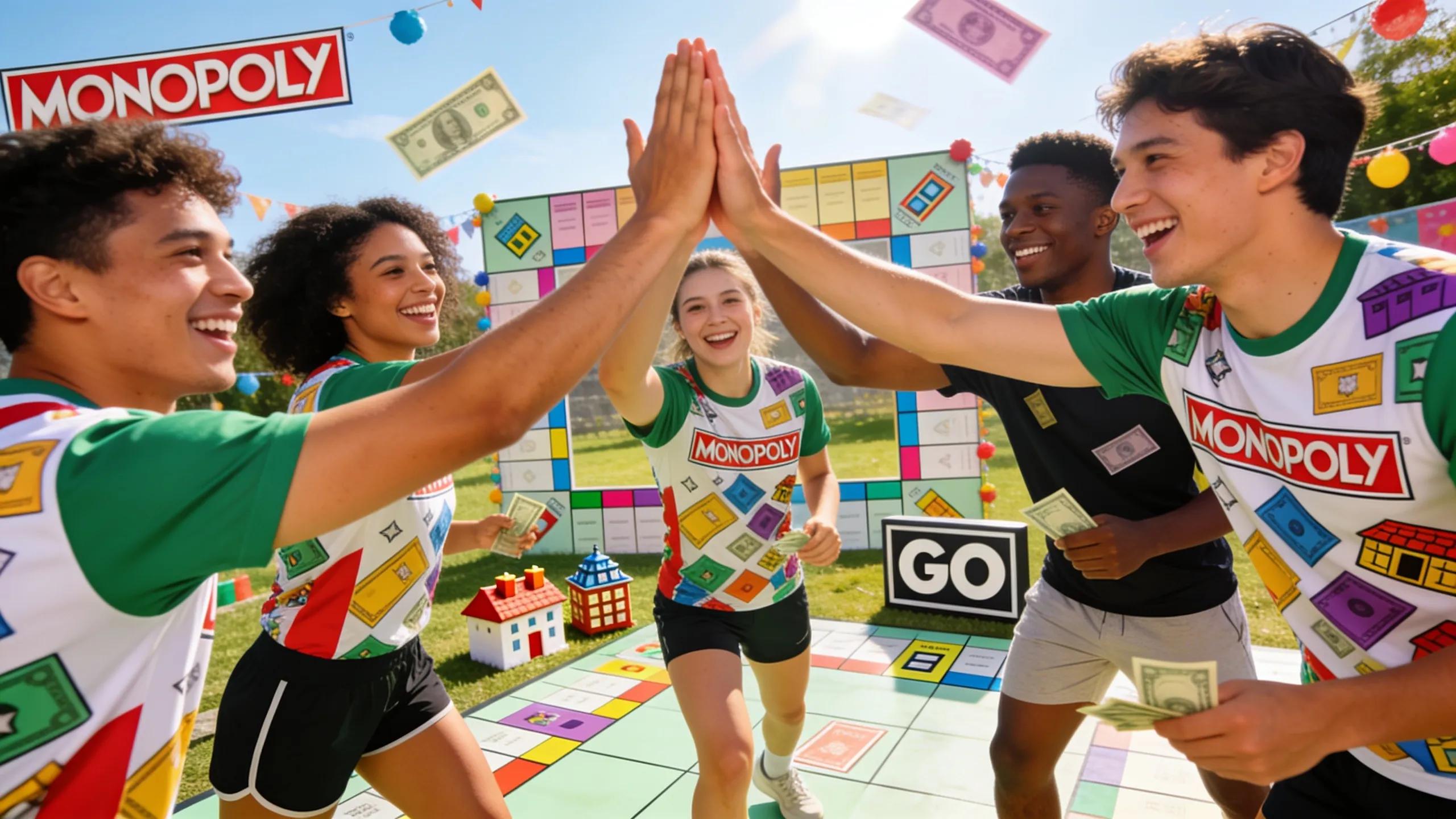 Team members celebrating during a challenge in the Monopoly Race, fostering camaraderie