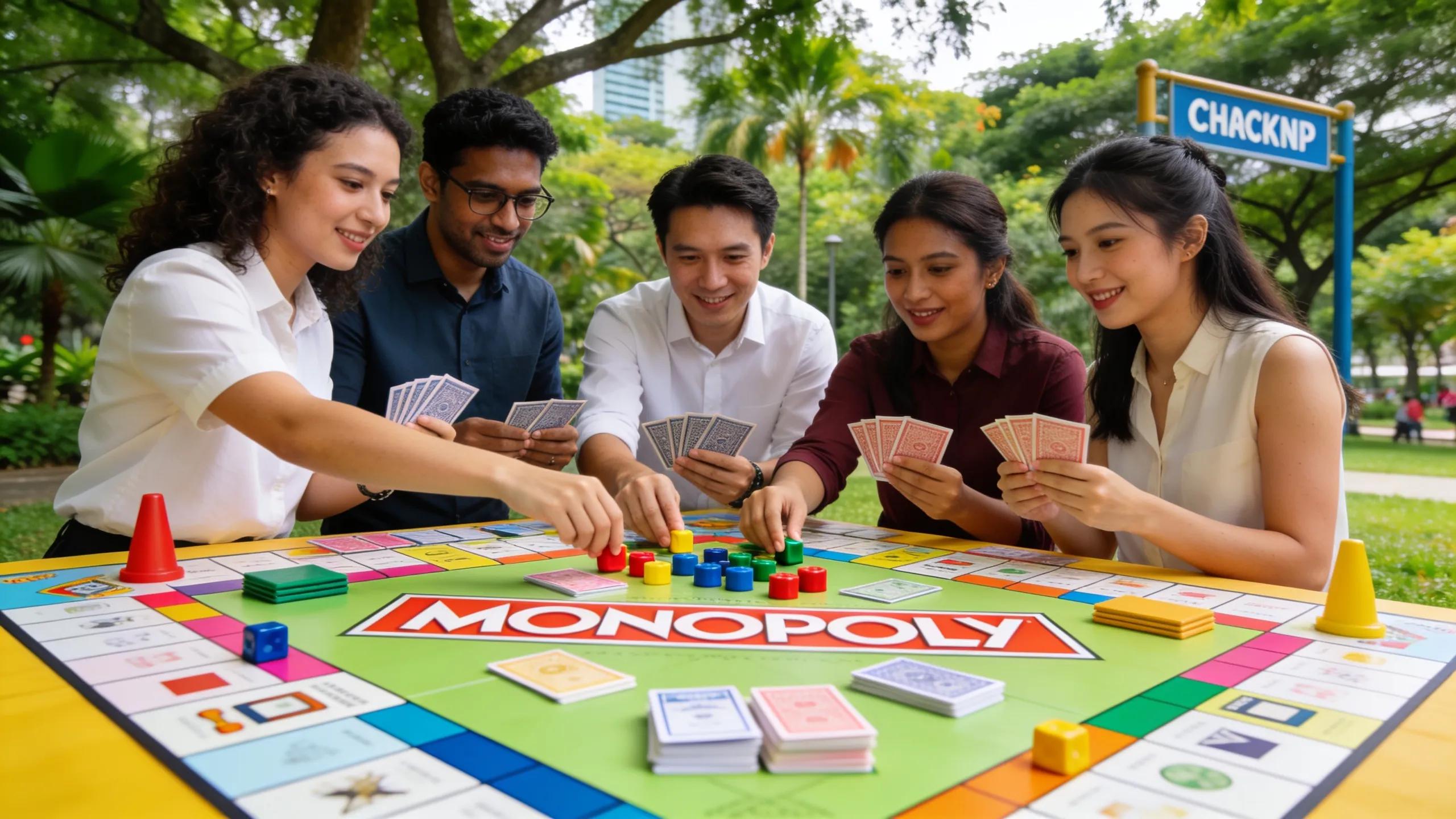Participants engaging in a Monopoly Race team building event outdoors in Singapore