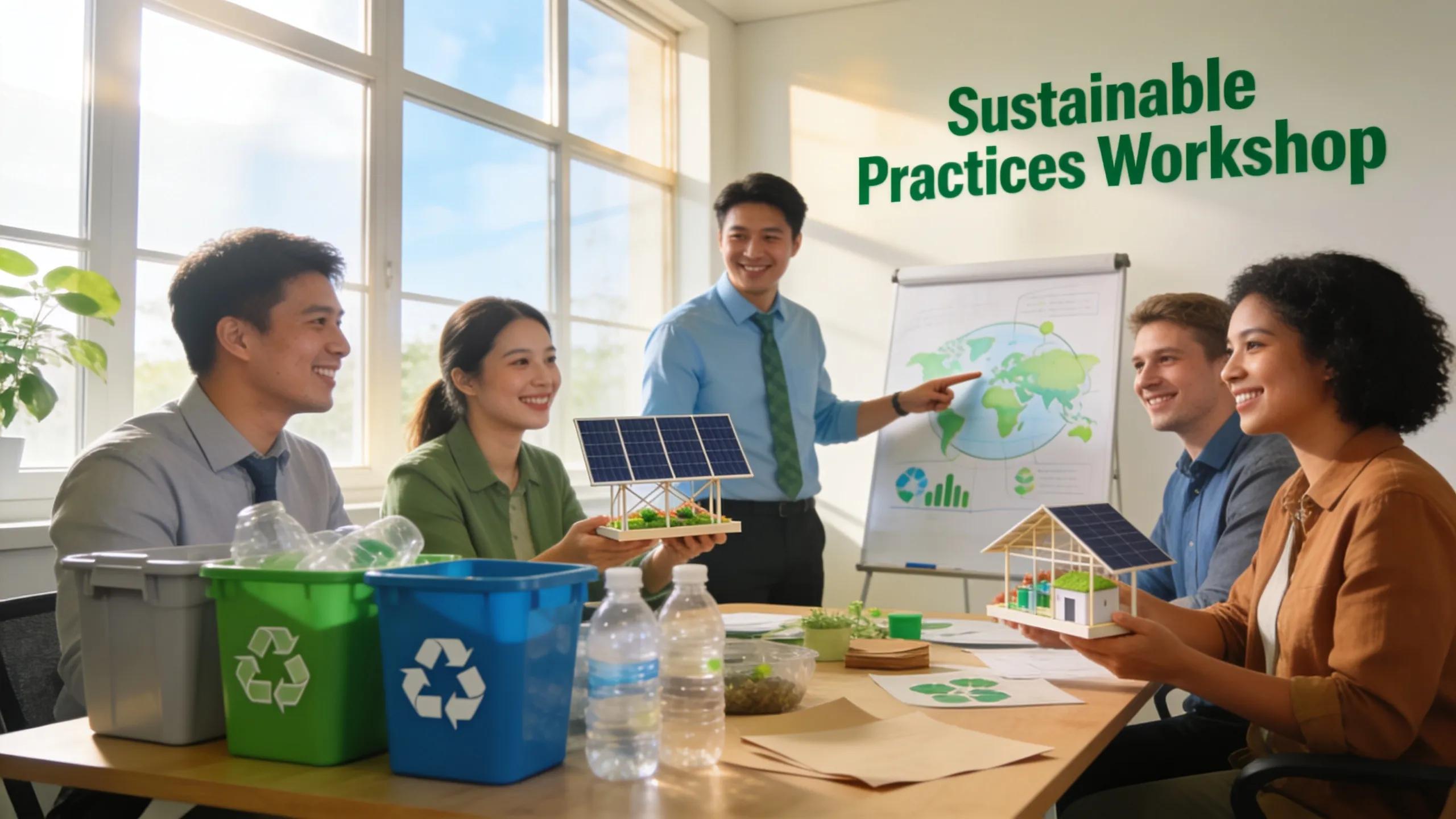 Corporate team taking part in an eco-friendly workshop, learning about sustainable practices and teamwork