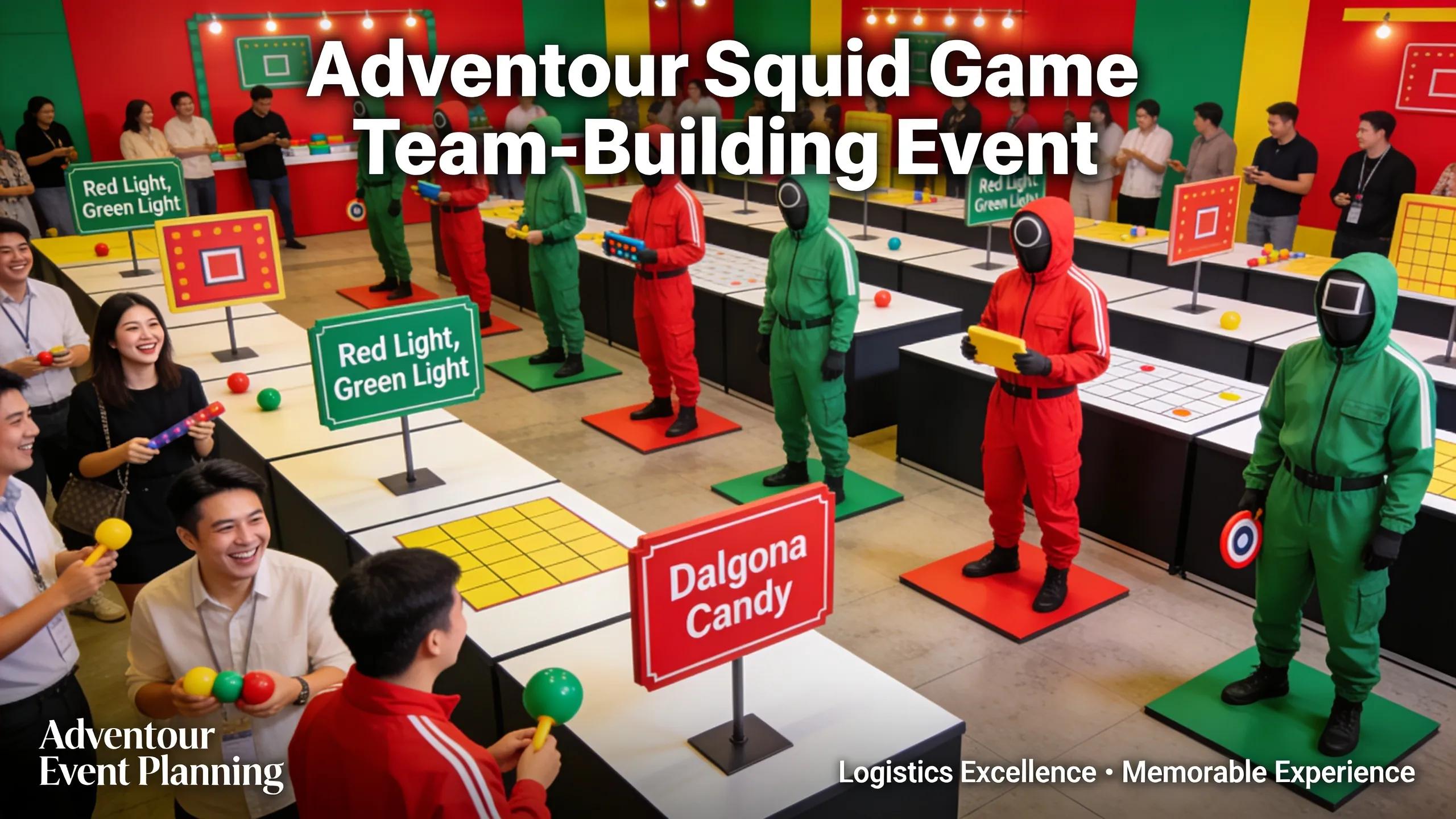 Well-organized corporate event layout for the Squid Game team building program, showcasing professionalism and unique planning