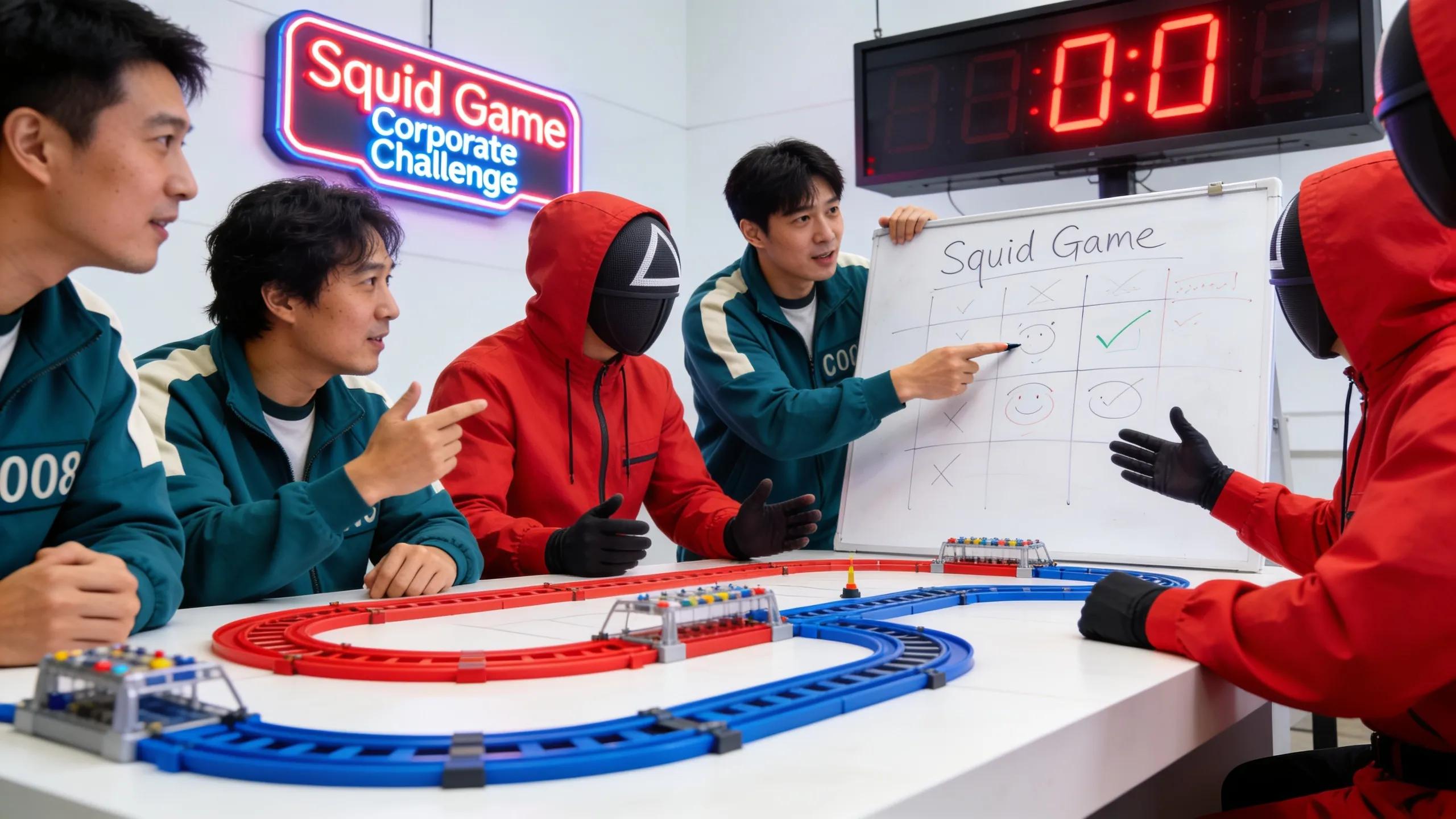 Team dynamically engaging in a Squid Game-inspired challenge, fostering collaboration and teamwork