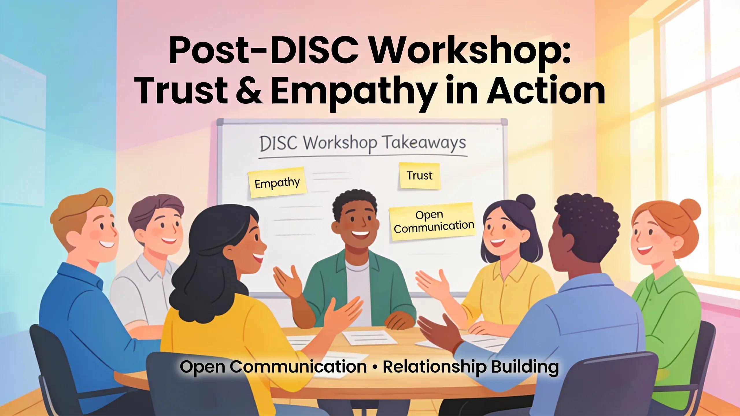 Team members in Singapore collaborating and discussing outcomes of DISC workshop, showcasing empathy and trust building in their interactions