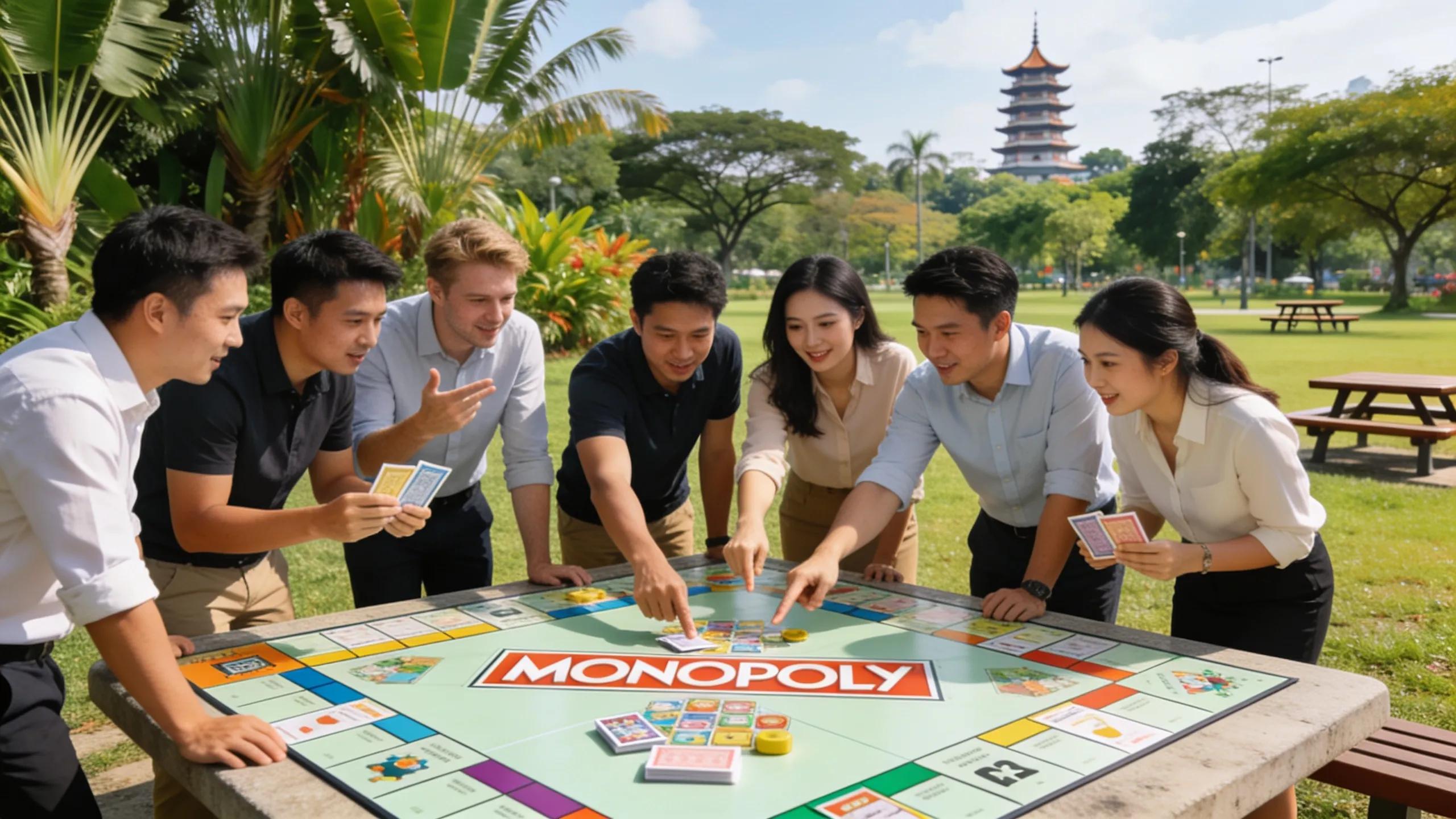 Participants brainstorming strategies during a Monopoly Race activity, enhancing problem-solving skills