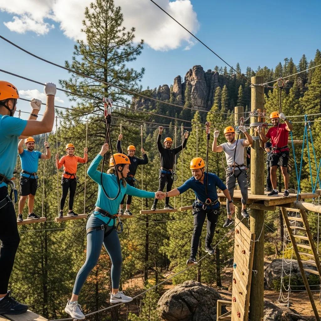 Executives engaged in adventure-based team bonding activities, promoting teamwork and resilience