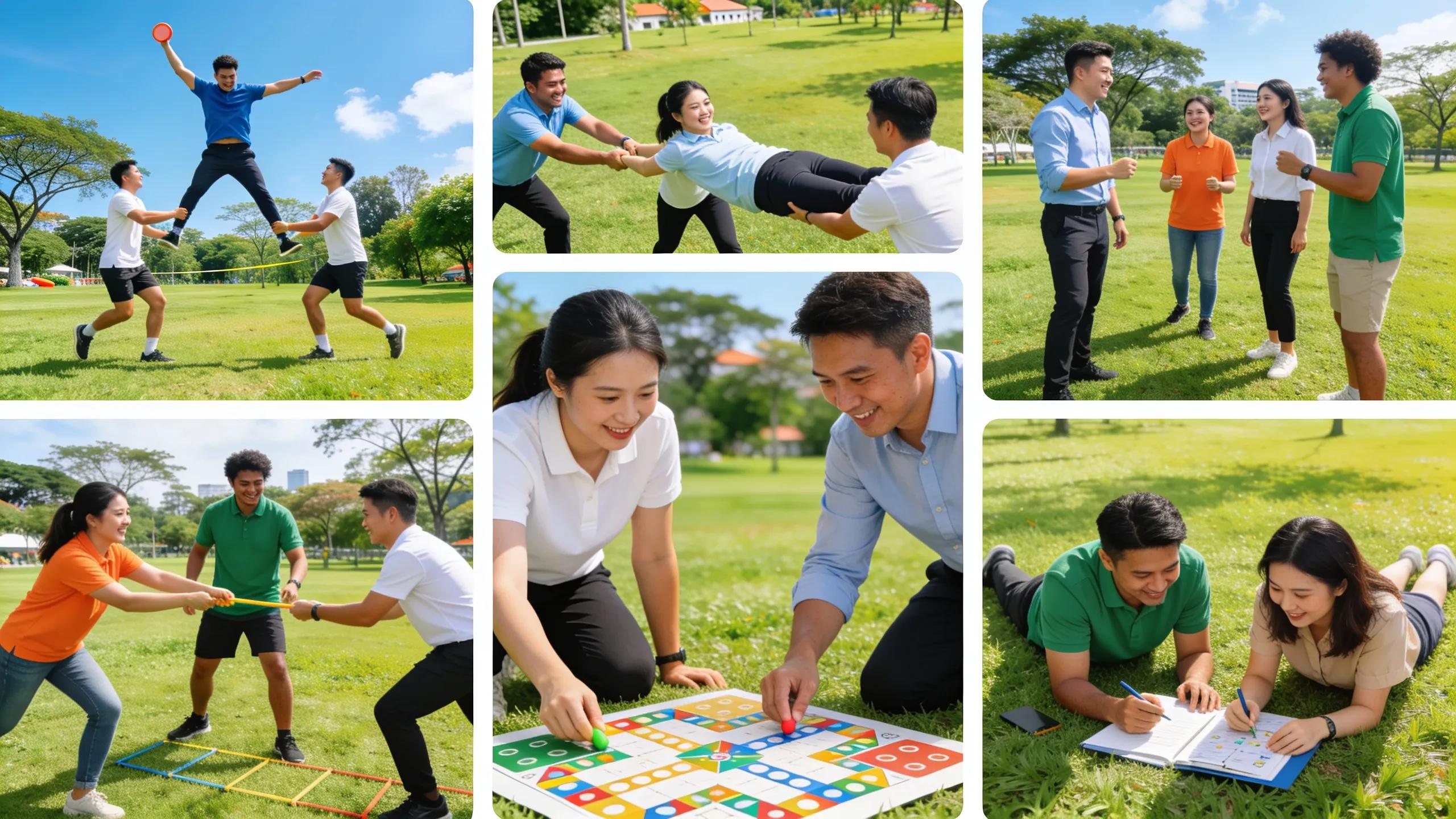 Diverse corporate team participating in inclusive team-building activities outdoors in Singapore