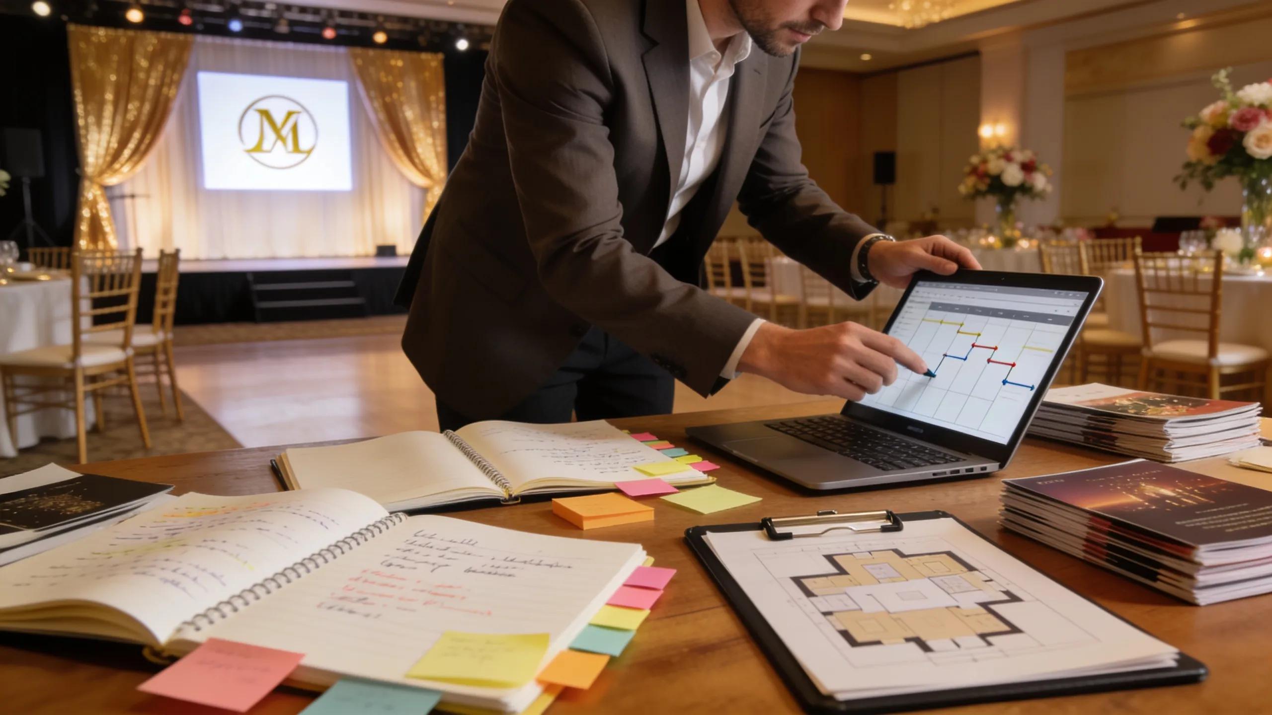 Event planner coordinating a corporate event with materials and a stylish setting in the background