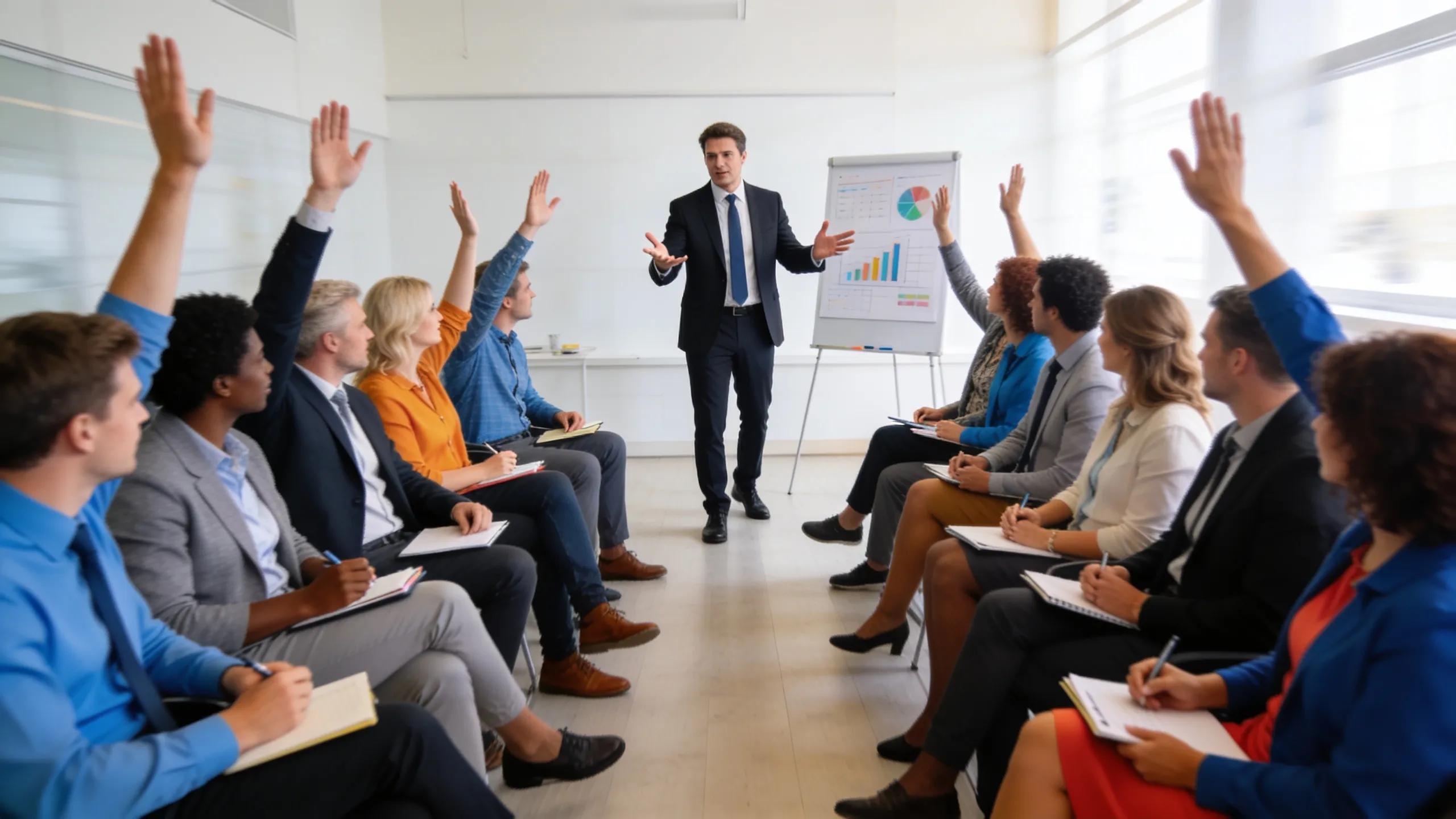 Expert facilitator conducting a corporate workshop with engaged participants