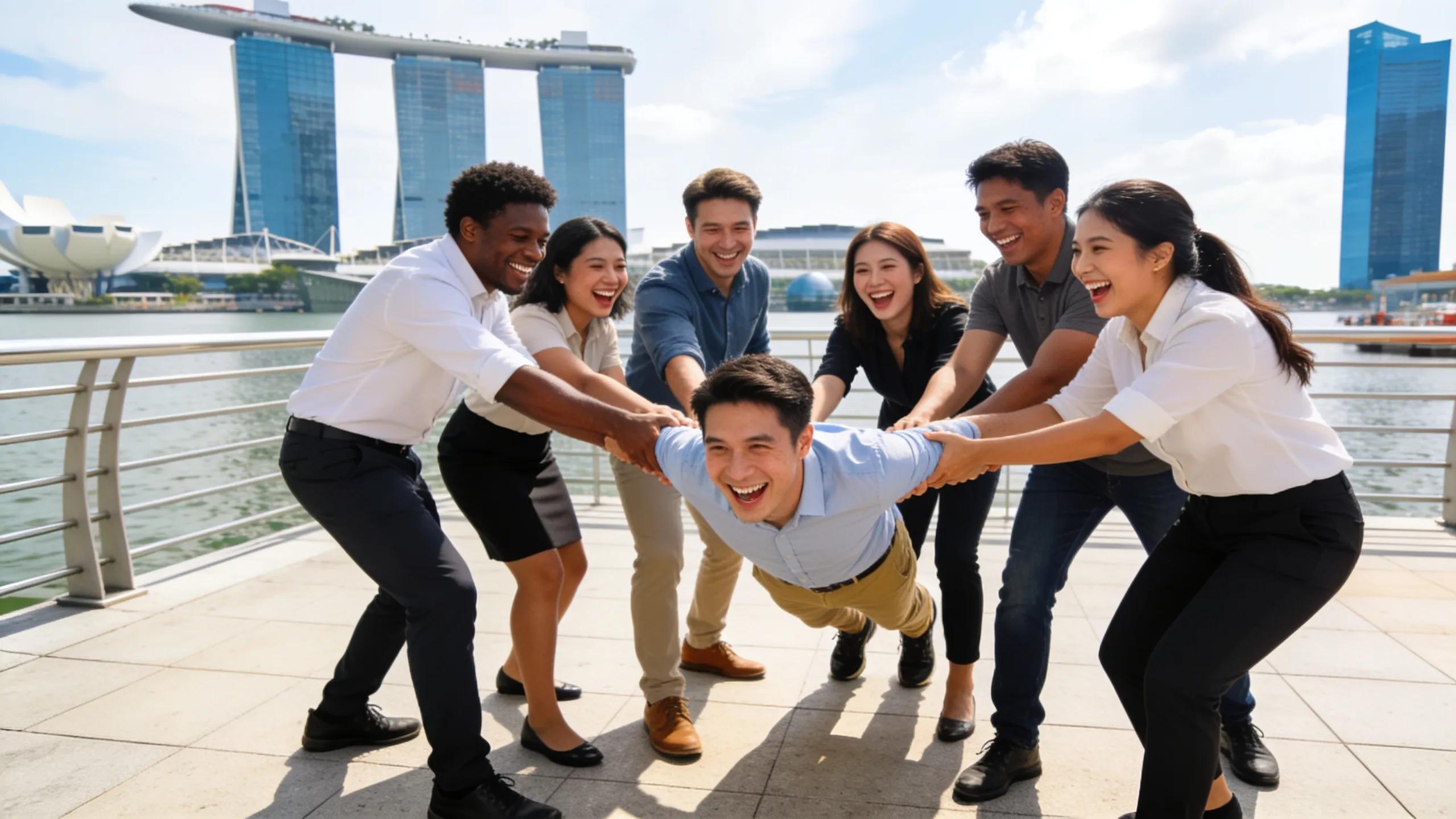 Diverse group of employees engaged in team-building exercises, smiling and collaborating in Singapore