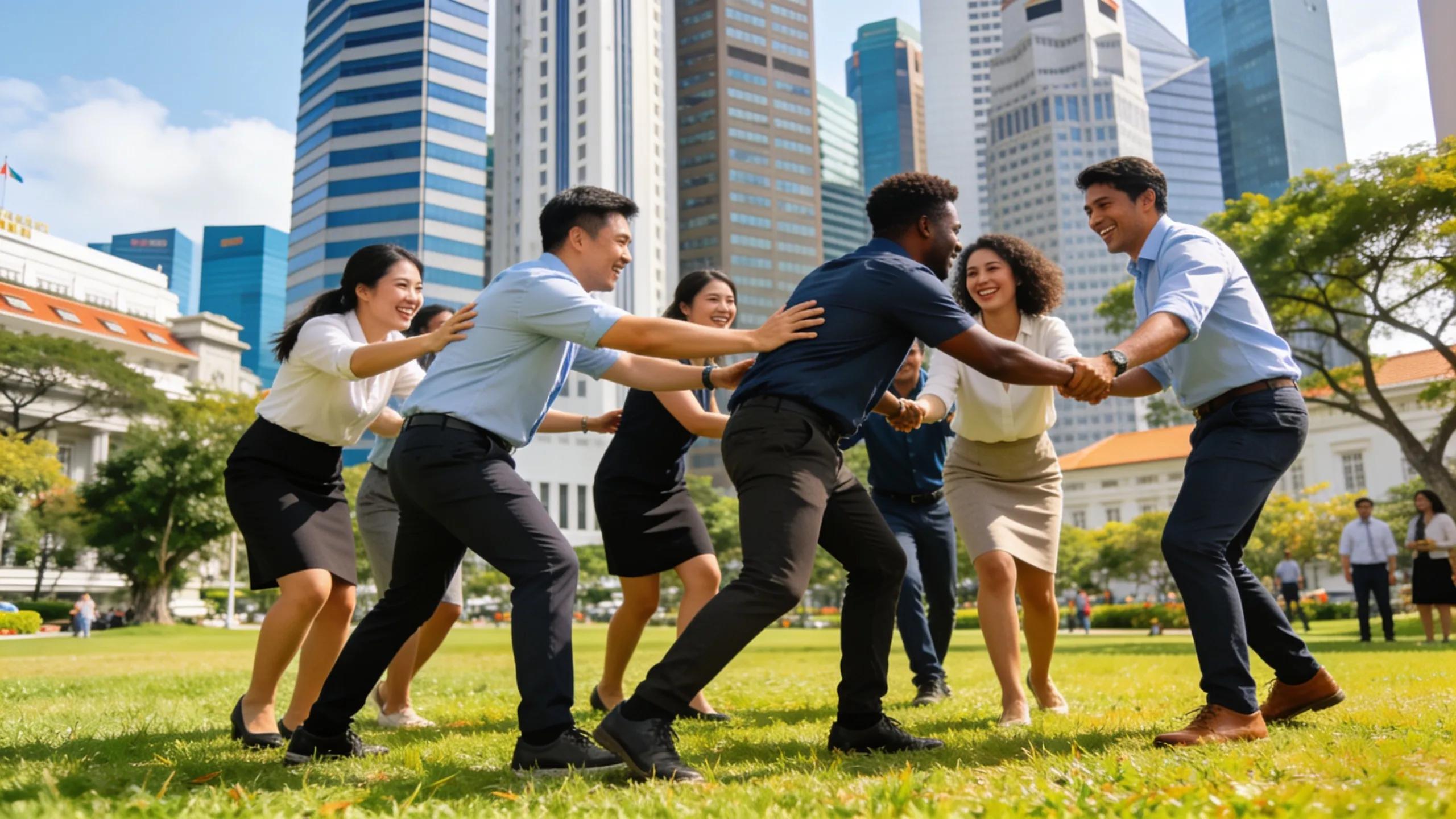 Diverse corporate team participating in outdoor team building activities in Singapore with modern city backdrop