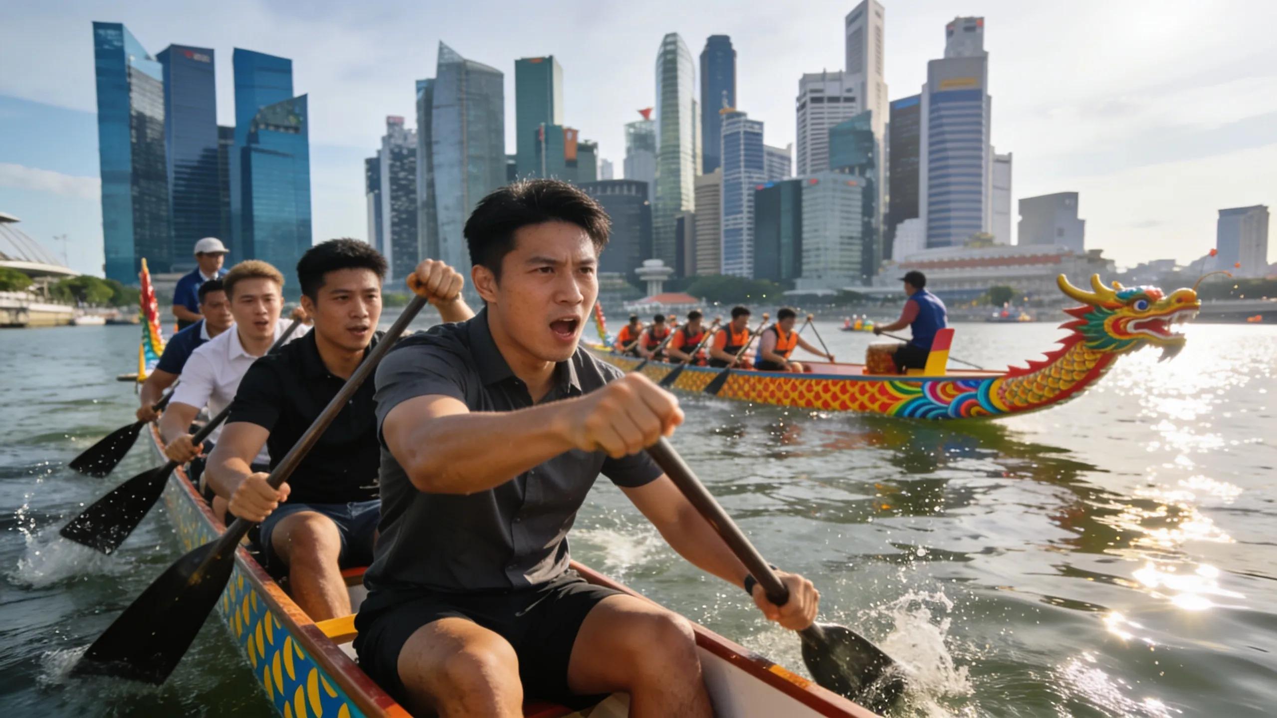 Corporate team in dragon boat racing emphasizing teamwork and collaboration.