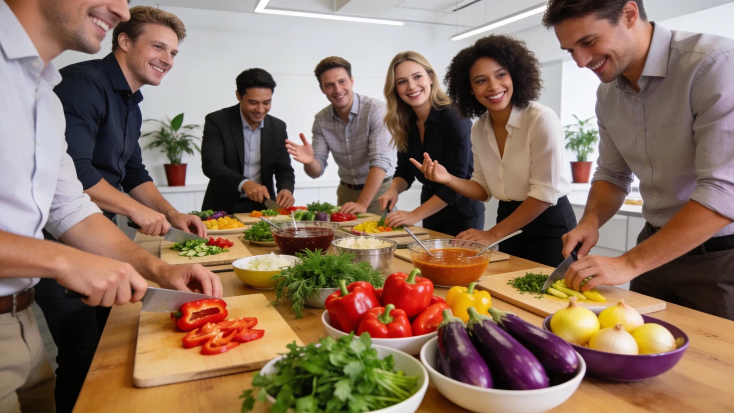 Corporate team engaged in collaborative cooking challenge indoors, fostering teamwork and creativity