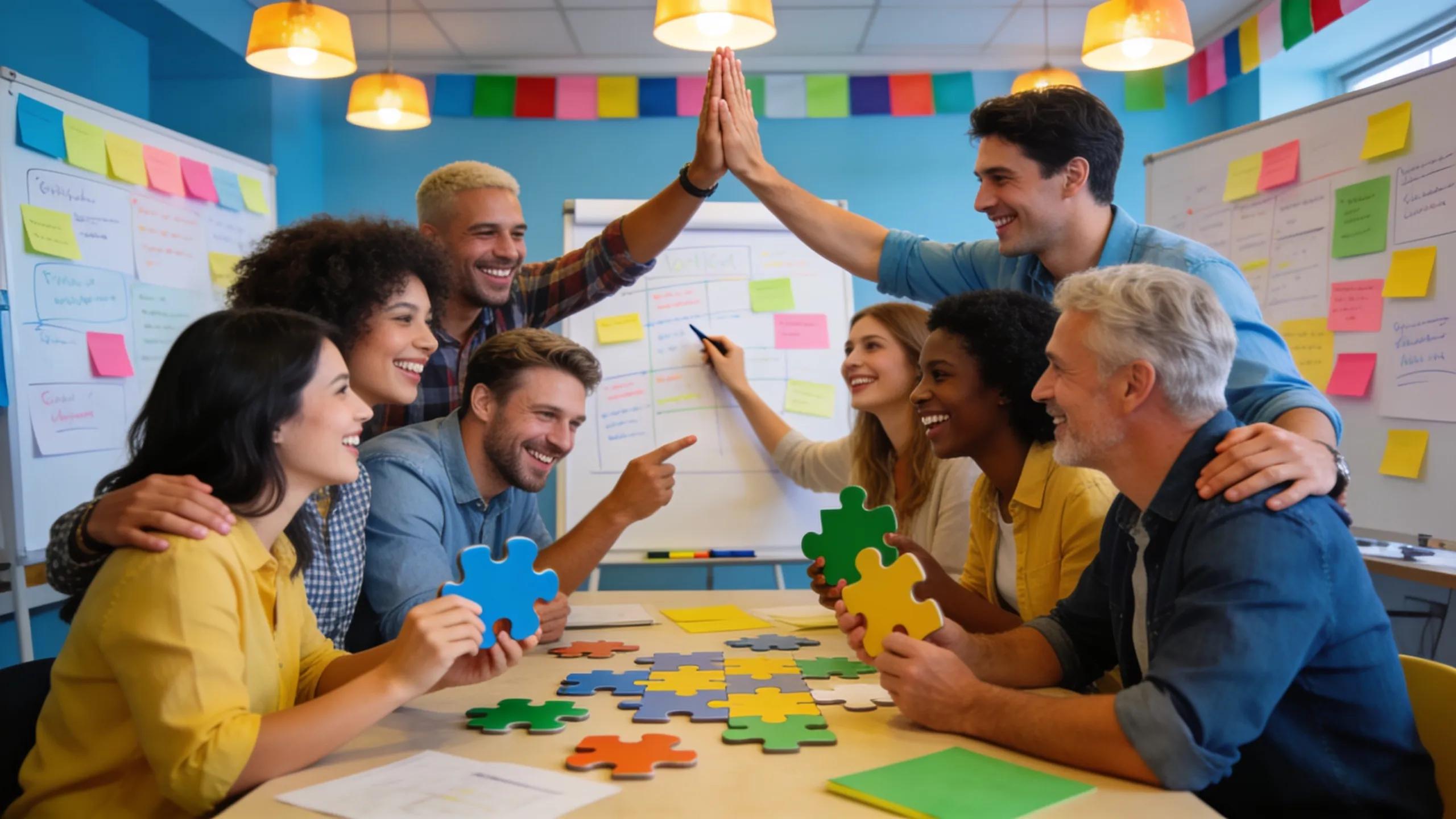 Participants collaborating during a team-building activity in a corporate training workshop